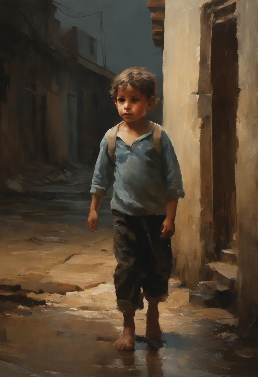 An impressive scene of a Palestinian childears in the Gaza Strip, looking at the rain from the bombed street of a house dressed in rags, Relief, Oil Painting, Thin and smooth lines, Long stroke, Light and delicate shades, Contour sharpening. + 36.5mm f0 cinematic image quality, + Style Creation: Jeremy Mann, Peter Elson, Alex Maleyev, Ryohei Hase, Rafael Sanzio, Danny Pine, Charlie Bowater, Albert Joseph Penault, Ray Caesar, HR Giger, Gustave Dorr, Stephen Gamel, Masterpiece, perfect anatomia, beautifull face, Artistic portraiture, Multi-layer sheet, Techniques used: Disappeared, chiaroscuro, atmospheric perspective, Acrylic painting, Pixiv Fanbox Trend, Pallet knife and brush stroke, Makoto Shinkai Style Jamie Wyeth James Gillard Edward Hopper Greg Lutkovsky Studio Ghibli Genshin Impact, Paint Inn