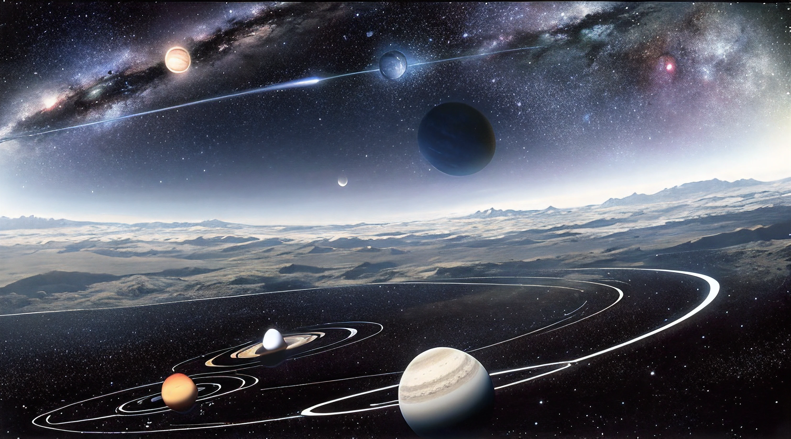 A photograph of 9 planets and moons of the solar system,In the distant post-terrestrial there is the Andromeda spiral galaxy。