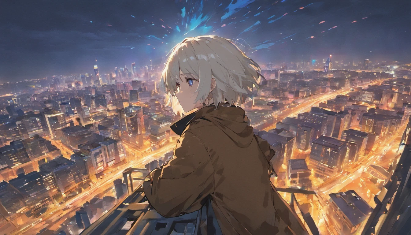 1 man, short white hair, blue eyes, scar in the face, wearing brown jacket and a blue shirt with a papillon, right eye on the scope of a sniper rifle, sky is dark, he is on the roof of a skyscraper,