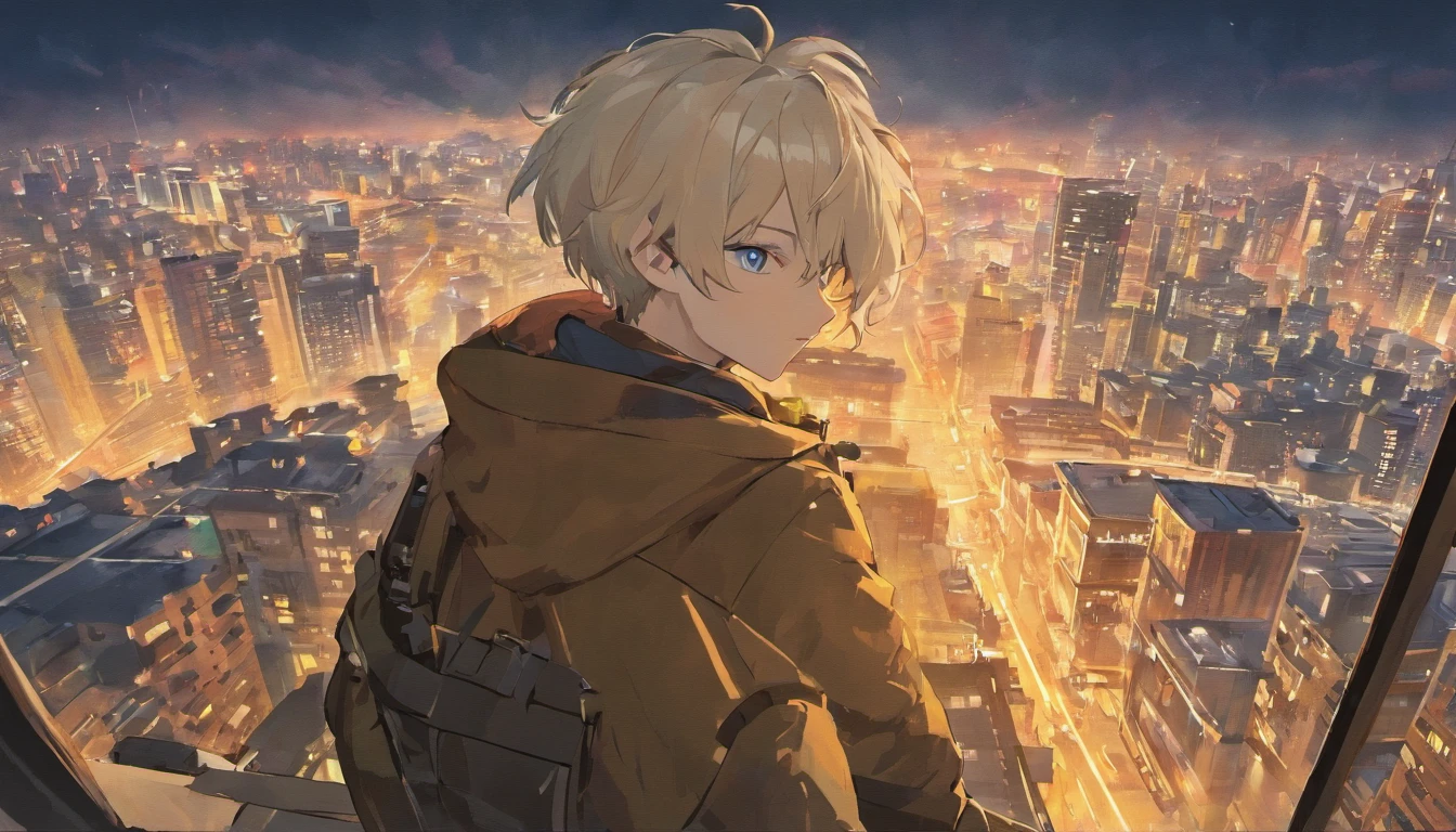 1 man, short white hair, blue eyes, scar in the face, wearing brown jacket and a blue shirt with a papillon, right eye on the scope of a sniper rifle, sky is dark, he is on the roof of a skyscraper,