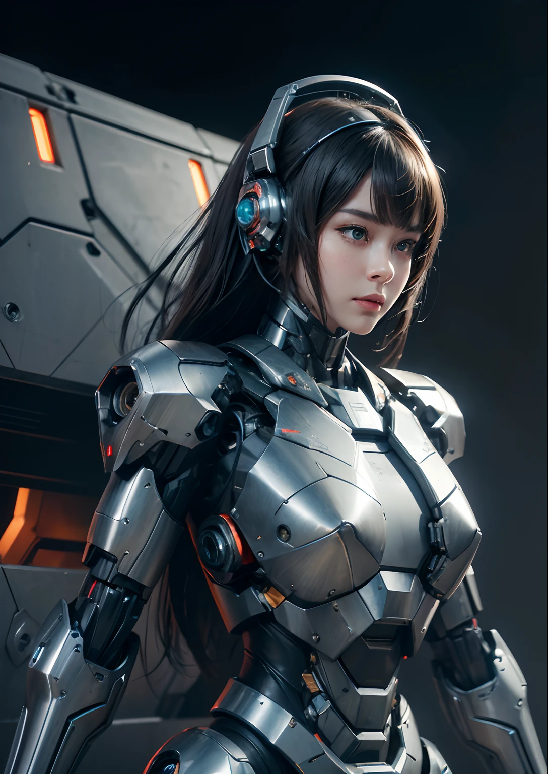 Textured skin, Super Detail, high details, High quality, Best Quality, hight resolution, 1080p, hard disk, Beautiful,(War Machine),(head gear),beautiful cyborg woman,Mecha Cyborg Girl,Battle Mode,Girl with a Mecha Body,She wears a futuristic war machine weapon mech,Fulll body Shot