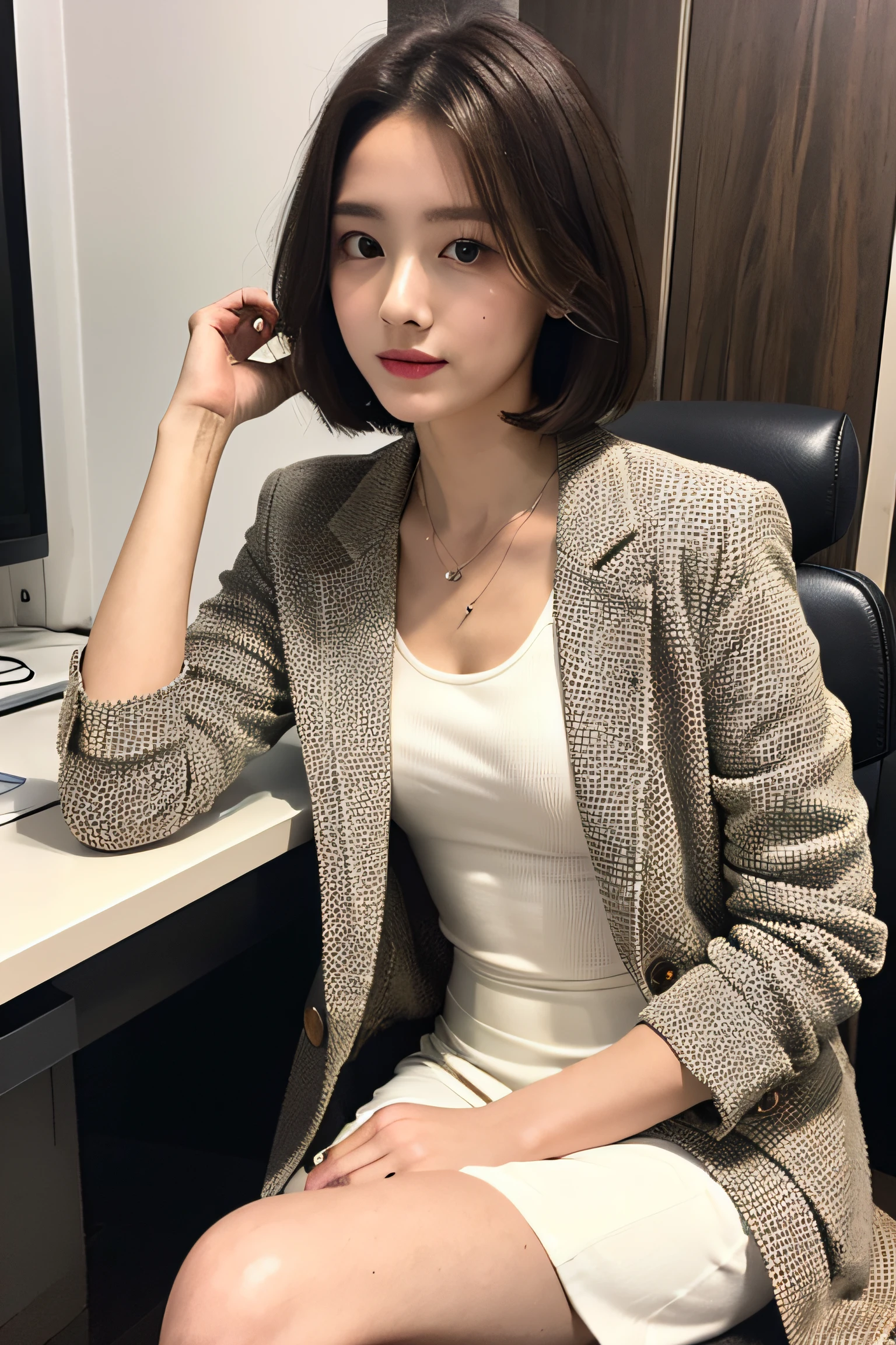 (Best quality, 8k, 32k, Masterpiece, UHD:1.2),Photo of Pretty japanese woman, 1girl, (medium-short dark brown hair), double eyelid, thin beige suit jacket, white tank top, brown skirt, necklace with small charm, sitting on office chair aiuehara