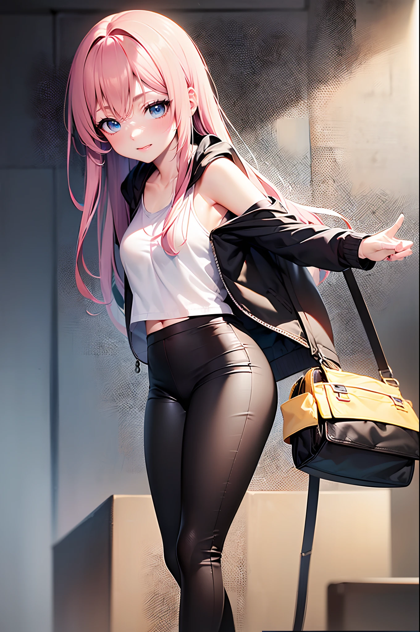 (4K works))、masterpiece、(top-quality)、In front of the wall、Korean female、hi-school girl、((High school girl 18 years old))、((Face similar to Hyun Jin))、cool lady、tall、((Gentle look))、((Sleepy face))、((Strong eyes))、((Wearing a white T-shirt and a black hooded jacket、Wearing long black pants))、((Wear a black mask))、((smaller face))、Slim body、((How to stand selling fights))、((Cheeky way of standing))、((Bad girl))、((light pink long-haired))、((Light blue eyes))、((shot from front))、((Looking down on the viewer))、((rearing))、((Shot alone))、((Solo Photography))