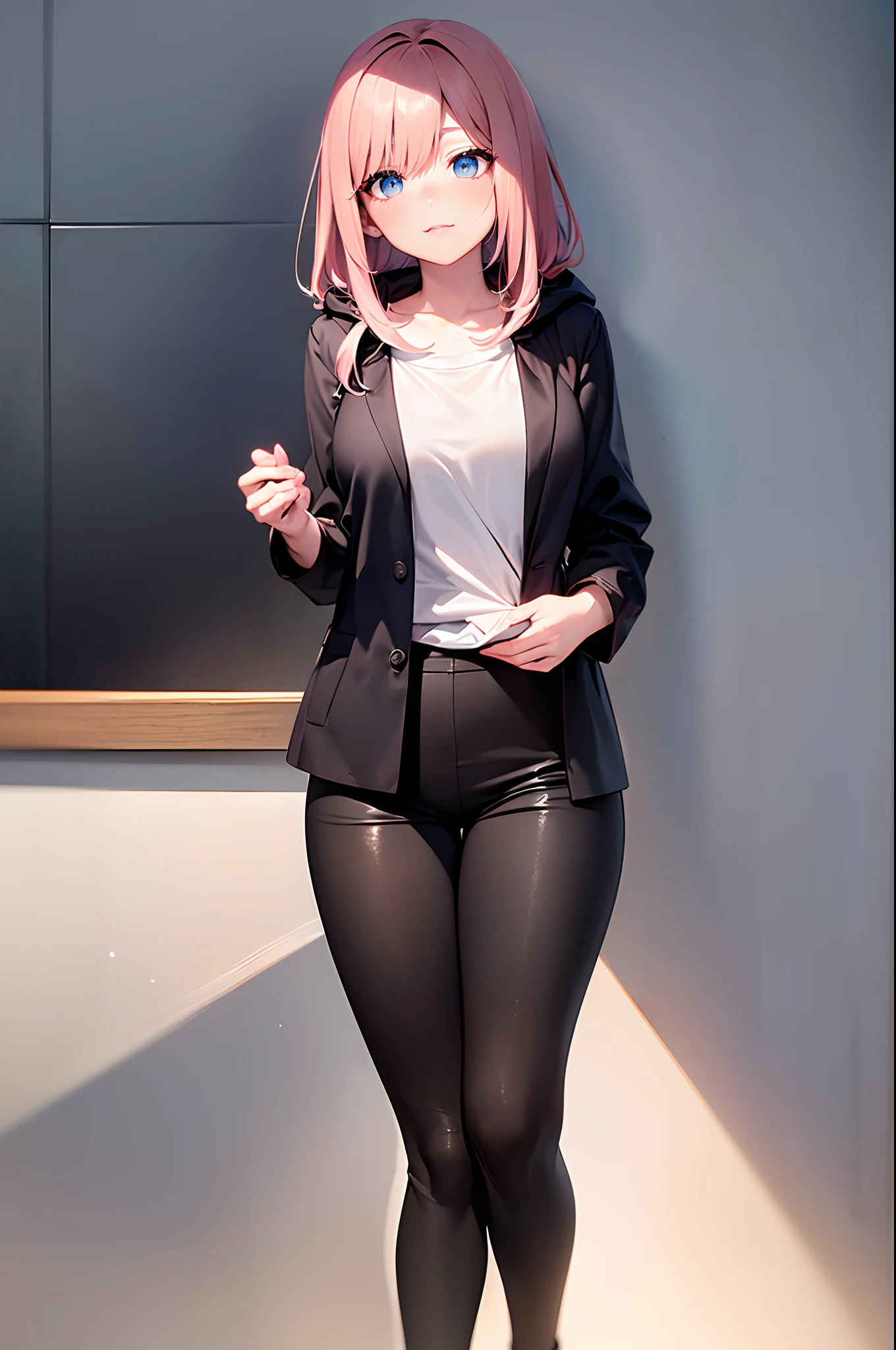 (4K works))、masterpiece、(top-quality)、In front of the wall、Korean female、hi-school girl、((High school girl 18 years old))、((Face similar to Hyun Jin))、cool lady、tall、((Gentle look))、((Sleepy face))、((Strong eyes))、((Wearing a white T-shirt and a black hooded jacket、Wearing long black pants))、((Wear a black mask))、((smaller face))、Slim body、((How to stand selling fights))、((Cheeky way of standing))、((Bad girl))、((light pink long-haired))、((Light blue eyes))、((shot from front))、((Looking down on the viewer))、((rearing))、((Shot alone))、((Solo Photography))