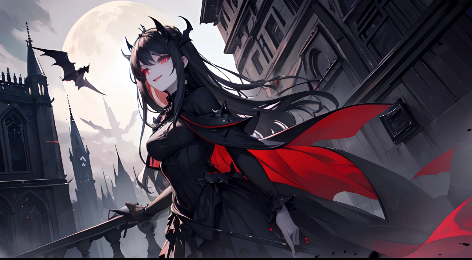 best quality, ultra-detailed, realistic, Halloween, gothic vampire vibes, smile, beautiful detailed eyes, beautiful detailed lips, longeyelashes, black widow dress, pale skin, dark lipstick, fangs, spiky black hair, moonlit night, misty graveyard, crows flying, candlelight, eerie atmosphere, Gothic architecture, mystical aura, hauntingly beautiful, intense gaze, mysterious smile, Victorian elegance, ethereal beauty, sharp fangs, mesmerizing eyes, deep red roses, shadowy silhouette, elegant posture, enchanting charm, dark and brooding, captivating presence, alluring vampire, supernatural appeal, chilling seduction, theatrical flair, sinister elegance, hauntingly pale, seductive aura, eerie moonlight, blood-red cape, mesmerizing gaze, midnight rendezvous