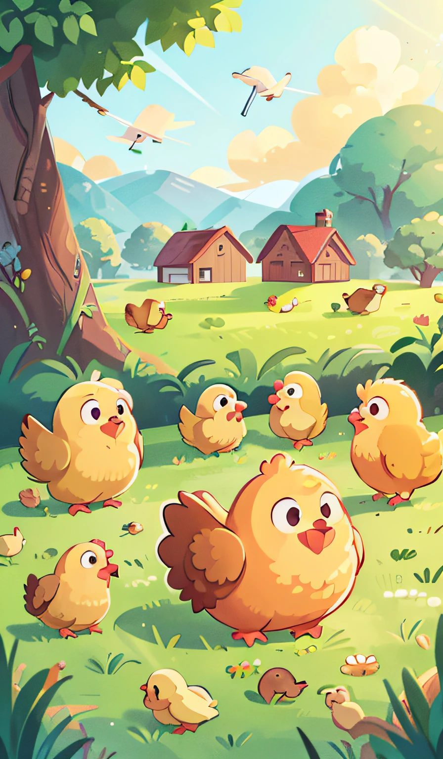 Green field house in background and chicken at sunset,Ten chickens,Yellow chicken,down view,flat drawing,bird's eyes view,farms