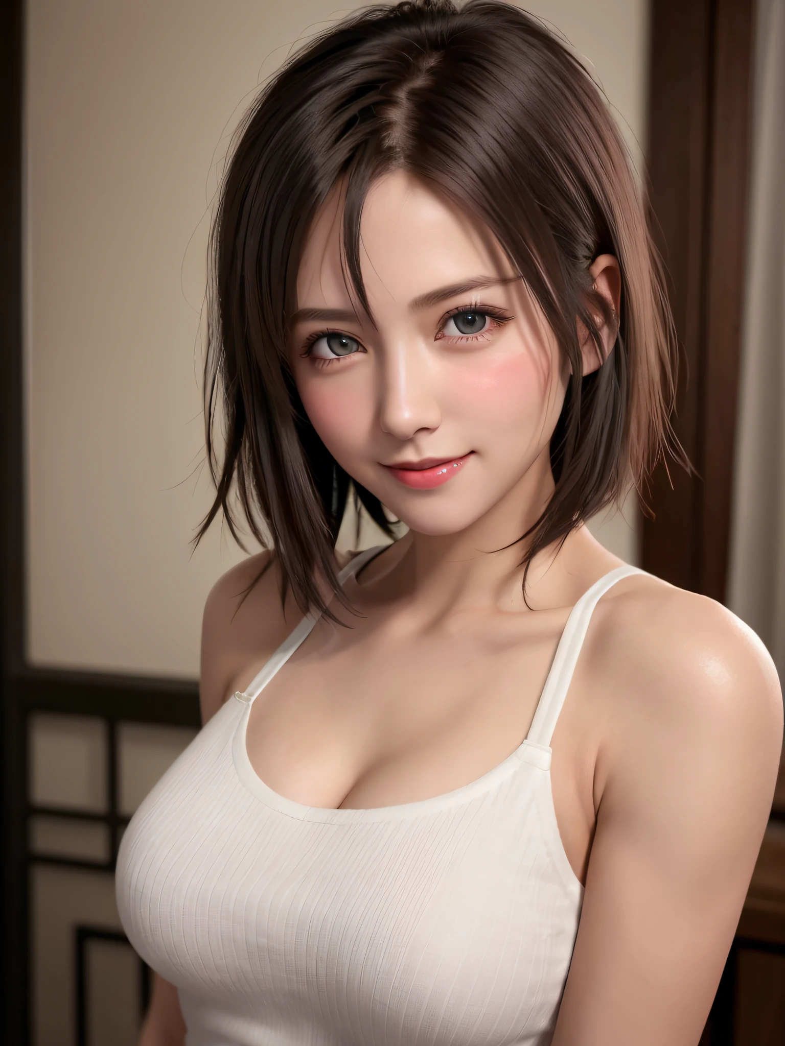 Top quality, ultra high resolution, (photorealistic: 1.4), beautiful eyes, super beautiful, short hair, beautiful breasts, lover, t-shirt with rough chest, eyes inviting viewer, lover's eyes, inviting facial expressions, sexy smile, perfect style, perfect balance, detailed skin, naughty eyes, chest visible