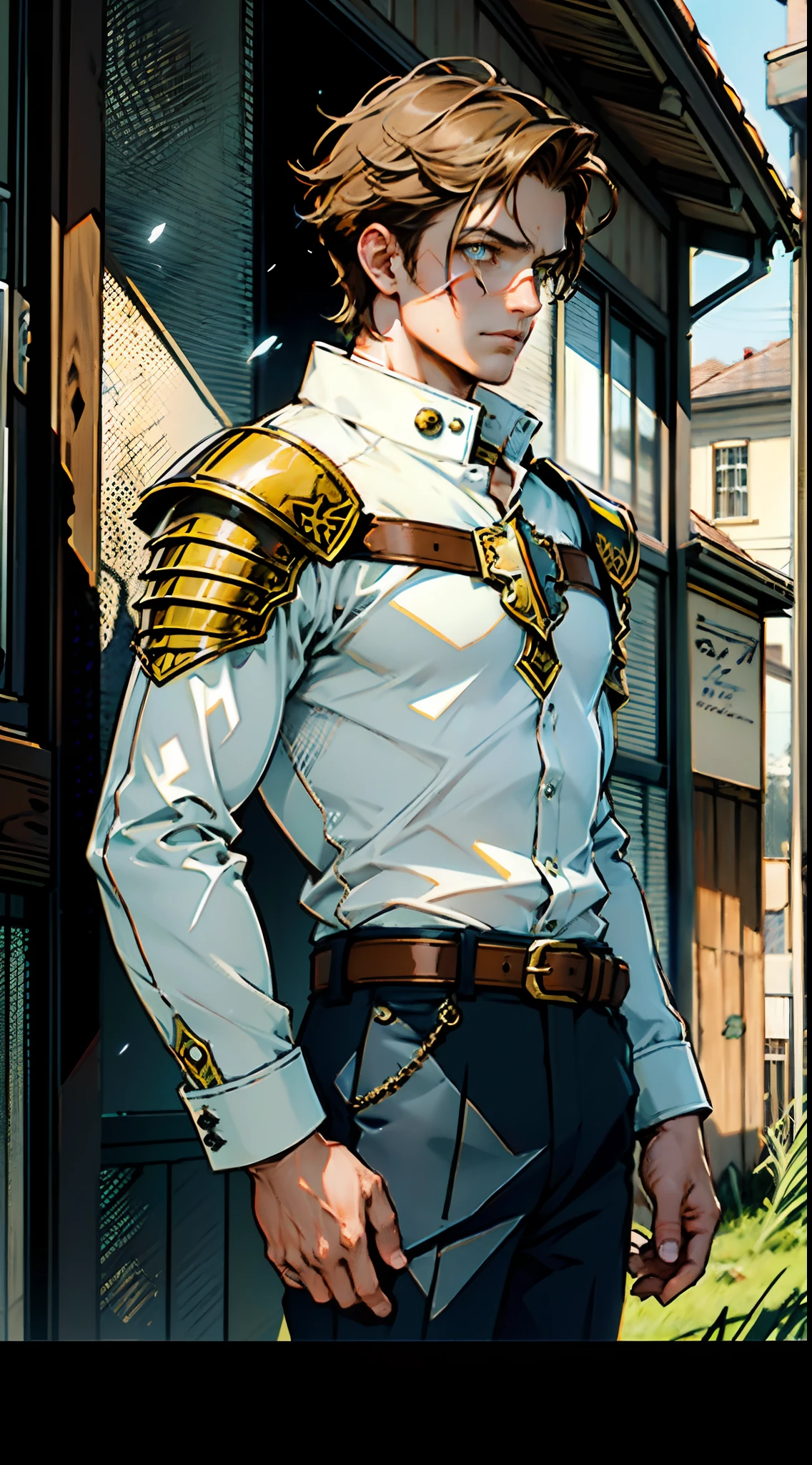 A middle-aged man with short golden hair, thick hair, a large cross scar on his face, has gentle eyes, a calm expression, a fantasy-style coat with leaf-shaped chest armor, the color scheme is mainly grass green, with earthy yellow as secondary colors, a belt around his waist, coarse cloth trousers, the background shows a medieval fantasy-style street with snowflakes falling, this character embodies a finely crafted fantasy-style soldier in anime style, characterized by an exquisite and mature manga illustration art style, high definition, best quality, highres, ultra-detailed, ultra-fine painting, extremely delicate, professional, anatomically correct, symmetrical face, extremely detailed eyes and face, high quality eyes, creativity, RAW photo, UHD, 8k, Natural light, cinematic lighting, masterpiece:1.5