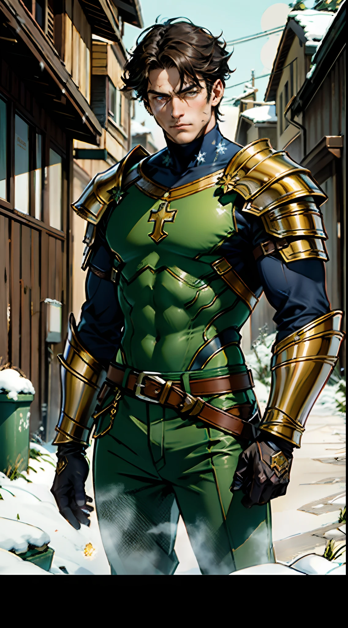 A middle-aged man with short golden hair, thick hair, a large cross scar on his face, has gentle eyes, a calm expression, a fantasy-style coat with leaf-shaped chest armor, the color scheme is mainly grass green, with earthy yellow as secondary colors, a belt around his waist, coarse cloth trousers, the background shows a medieval fantasy-style street with snowflakes falling, this character embodies a finely crafted fantasy-style soldier in anime style, characterized by an exquisite and mature manga illustration art style, high definition, best quality, highres, ultra-detailed, ultra-fine painting, extremely delicate, professional, anatomically correct, symmetrical face, extremely detailed eyes and face, high quality eyes, creativity, RAW photo, UHD, 8k, Natural light, cinematic lighting, masterpiece:1.5