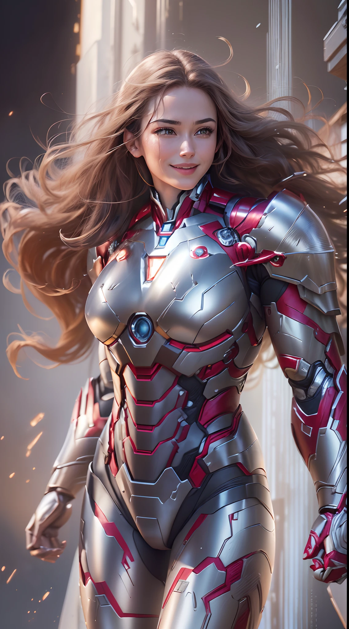 fly in sky,Woman Iron Man,Anti-Hulk armor,long whitr hair,((Confident and charming smile on his face)),Realistic metal armor,Shiny metallic armor,Dynamic Action Pose,destructive forces, ((Best quality,4K,8K,A high resolution,Masterpiece:1.2),Ultra-detailed,(Realistic,Photorealistic,photo-realistic:1.37)).