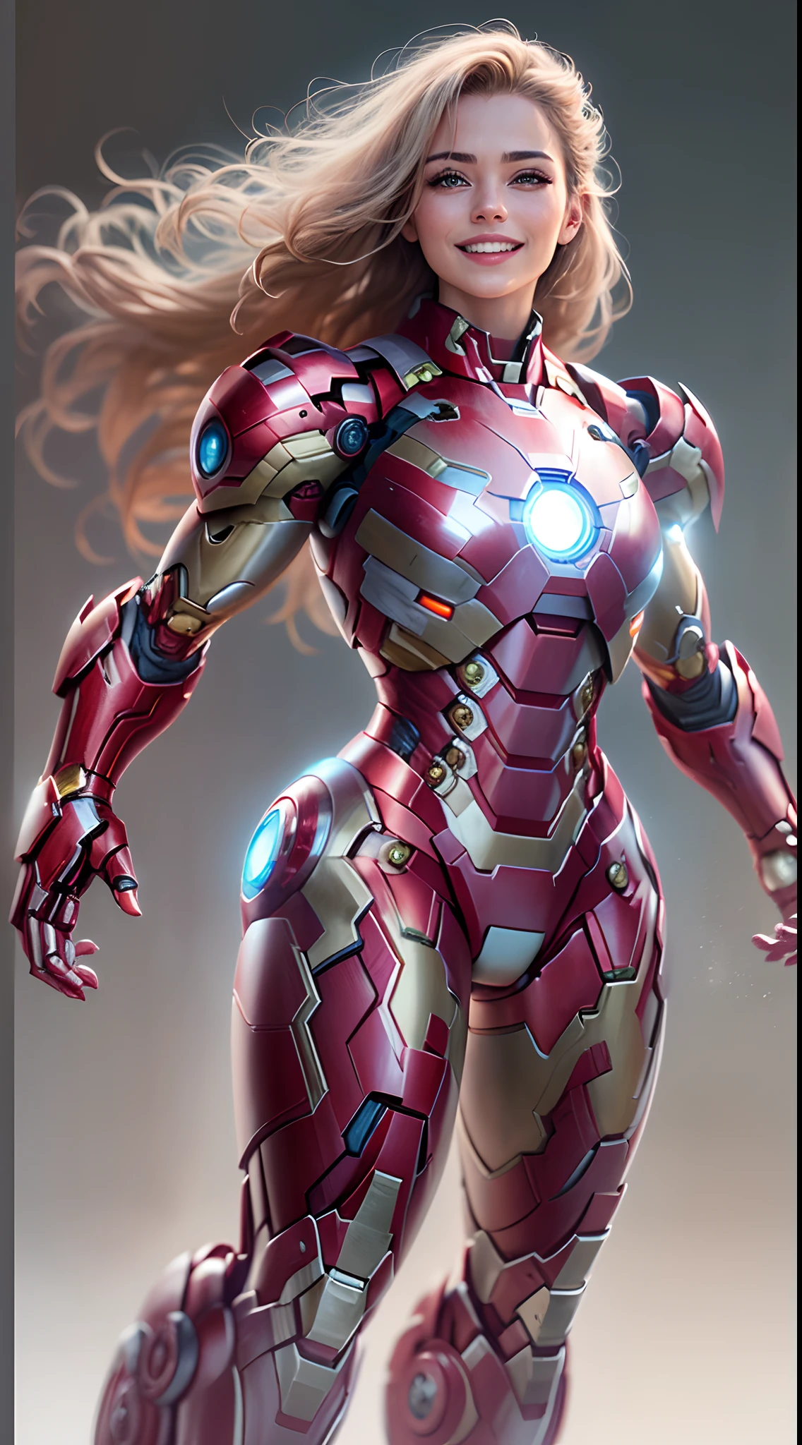 (Girl Iron Man),Anti-Hulk armor,long whitr hair,((Confident and charming smile on his face)),Realistic metal armor,Shiny metallic armor(Best quality,4K,8K,A high resolution,Masterpiece:1.2),Ultra-detailed,(Realistic,Photorealistic,photo-realistic:1.37),