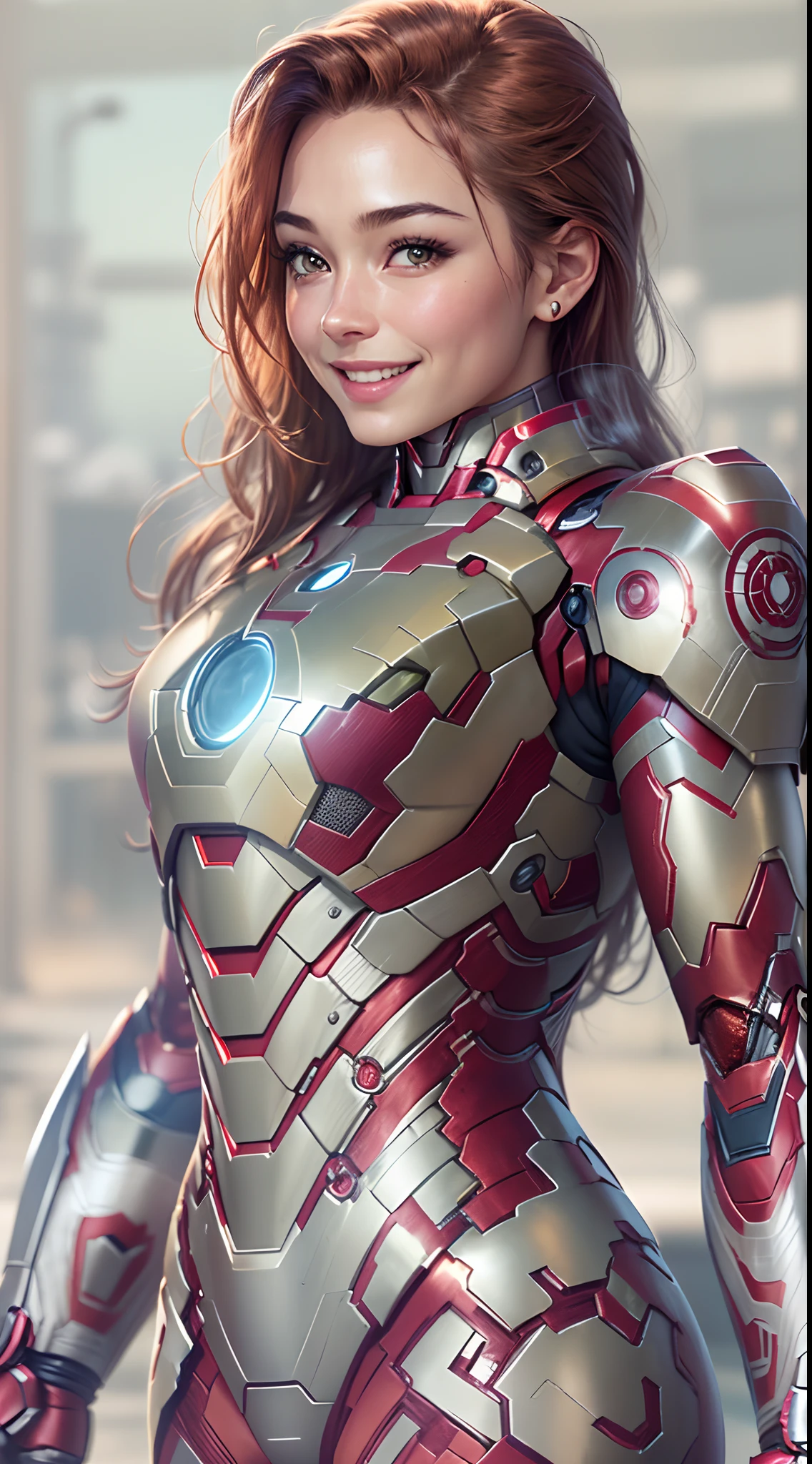 (Girl Iron Man),Anti-Hulk armor,long whitr hair,((Confident and charming smile on his face)),Realistic metal armor,Shiny metallic armor(Best quality,4K,8K,A high resolution,Masterpiece:1.2),Ultra-detailed,(Realistic,Photorealistic,photo-realistic:1.37),