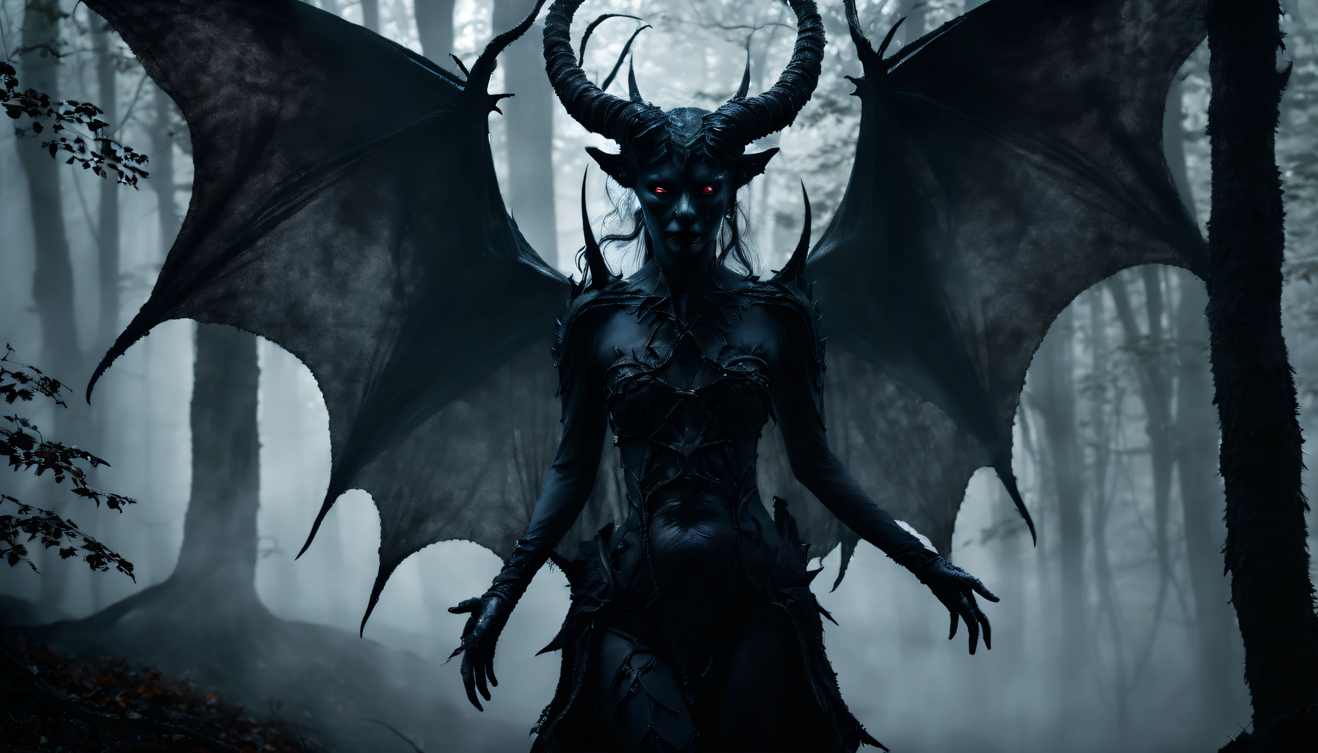 One with wings(succubus:1.5),red color eyes,White hair,Like the wings of an eagle,Fly in the night sky,There are clouds and the moon,Fantastical,4K,best qualtiy,primitive, the night,((Ultra-detailed and high-precision details)),(The picture is clear and sharp)