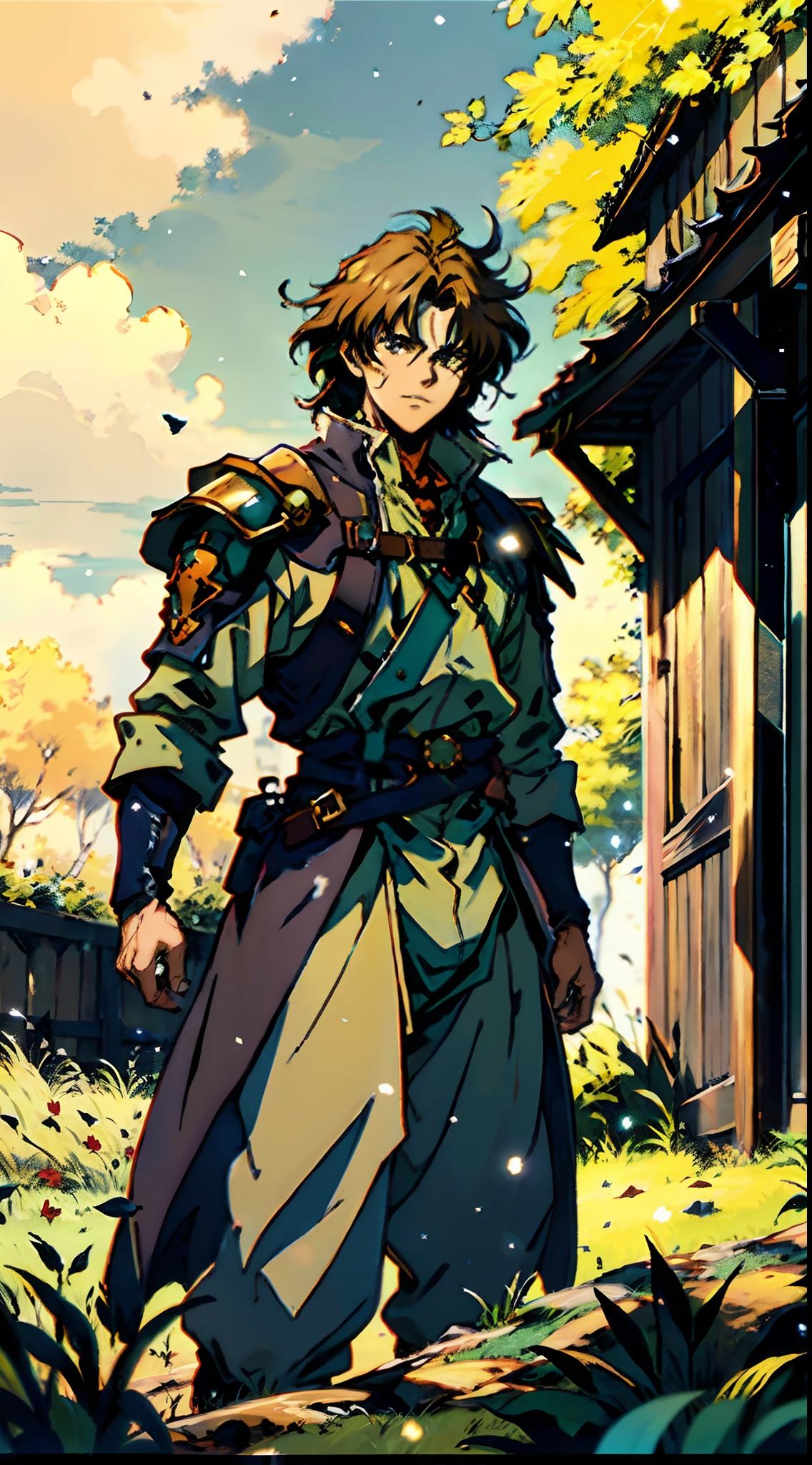 A middle-aged man with short golden hair, thick hair, a large cross scar on his face, has gentle eyes, a calm expression, a fantasy-style coat with leaf-shaped chest armor, the color scheme is mainly grass green, with earthy yellow as secondary colors, a belt around his waist, coarse cloth trousers, the background shows a medieval fantasy-style street with snowflakes falling, this character embodies a finely crafted fantasy-style soldier in anime style, characterized by an exquisite and mature manga illustration art style, high definition, best quality, highres, ultra-detailed, ultra-fine painting, extremely delicate, professional, anatomically correct, symmetrical face, extremely detailed eyes and face, high quality eyes, creativity, RAW photo, UHD, 8k, Natural light, cinematic lighting, masterpiece:1.5