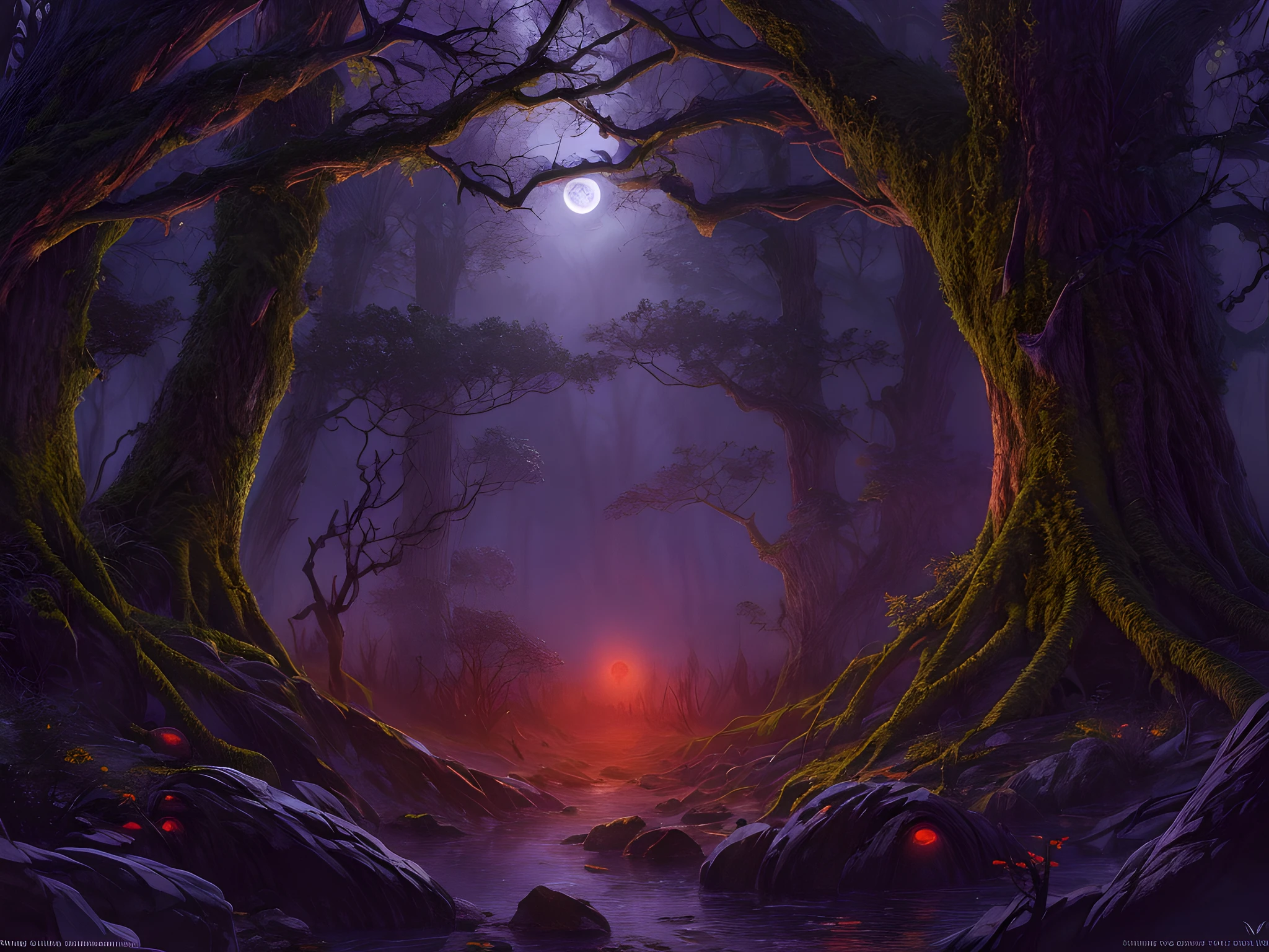 fantasy art, RPG art, ultra wide shot, RAW, photorealistic, a picture of a dark fantasy forest, mist rising from ground crawling mist, its night time, moon rises in the horizon, yet there is a (pair of red predator eyes) you see between the trees, dark fantasy forest background, best quality, 16k, [ultra detailed], masterpiece, best quality, (ultra detailed), full body, ultra wide shot, photorealism