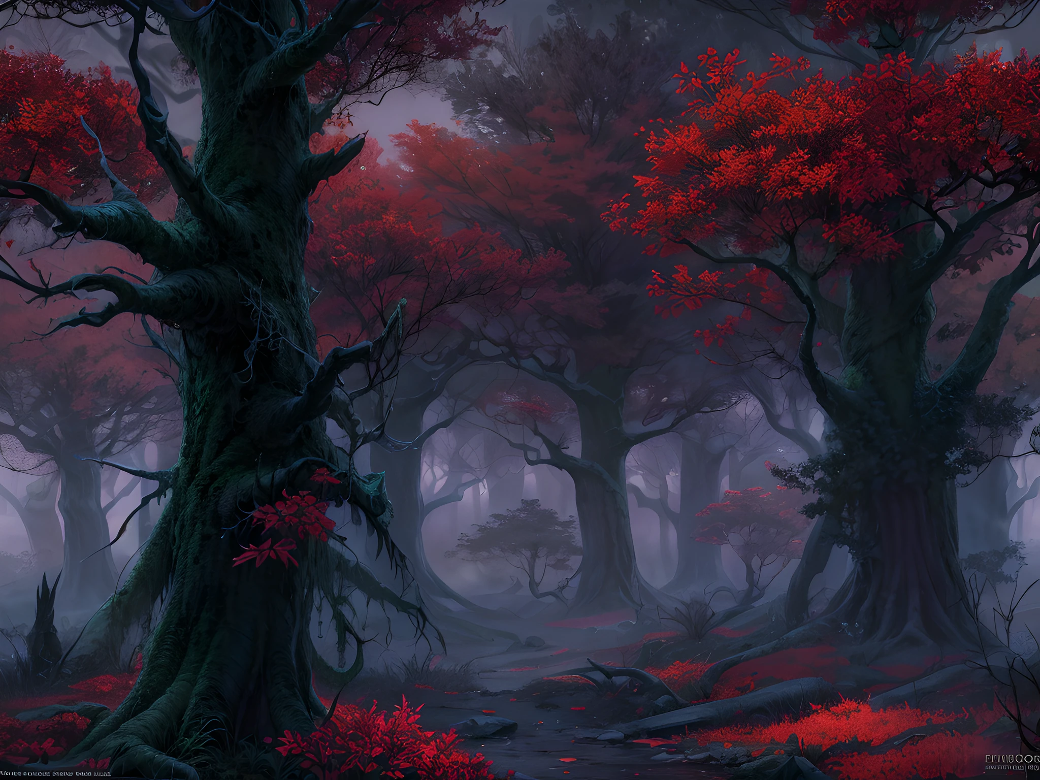 fantasy art, RPG art, ultra wide shot, RAW, photorealistic, a picture of a dark fantasy forest, mist rising from ground crawling mist, its night time, moon rises in the horizon, yet there is a (pair of red predator eyes) you see between the trees, dark fantasy forest background, best quality, 16k, [ultra detailed], masterpiece, best quality, (ultra detailed), full body, ultra wide shot, photorealism