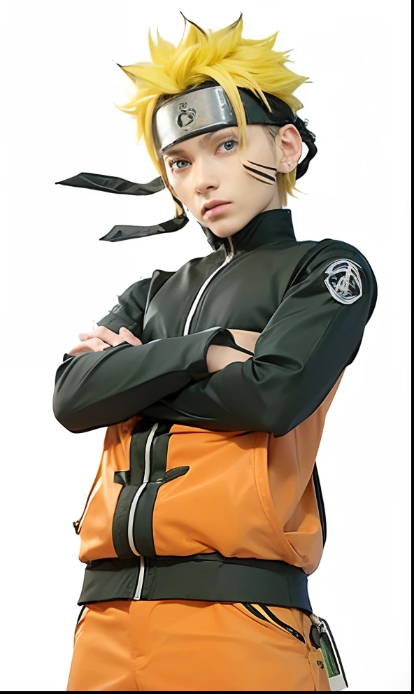 Young man with spiky blonde hair and blue eyes. He wears a bright orange jumpsuit with black accents, a white collar, and a blue Uzumaki clan symbol on the back. He also wears a black forehead protector with the Konohagakure symbol on it, and black sandals
