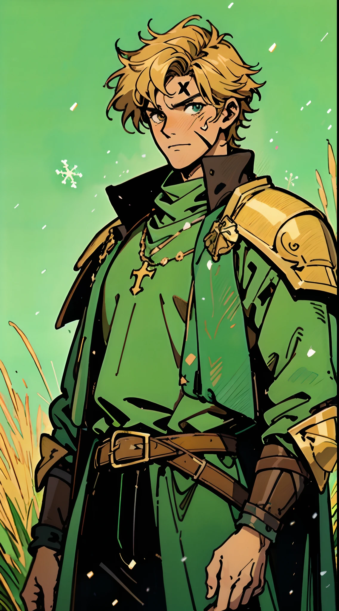 A middle-aged man with short golden hair, thick hair, a large cross scar on his face, has gentle eyes, a calm expression, a fantasy-style coat with leaf-shaped chest armor, the color scheme is mainly grass green, with earthy yellow as secondary colors, a belt around his waist, coarse cloth trousers, the background shows a medieval fantasy-style street with snowflakes falling, this character embodies a finely crafted fantasy-style soldier in anime style, characterized by an exquisite and mature manga illustration art style, high definition, best quality, highres, ultra-detailed, ultra-fine painting, extremely delicate, professional, anatomically correct, symmetrical face, extremely detailed eyes and face, high quality eyes, creativity, RAW photo, UHD, 8k, Natural light, cinematic lighting, masterpiece:1.5