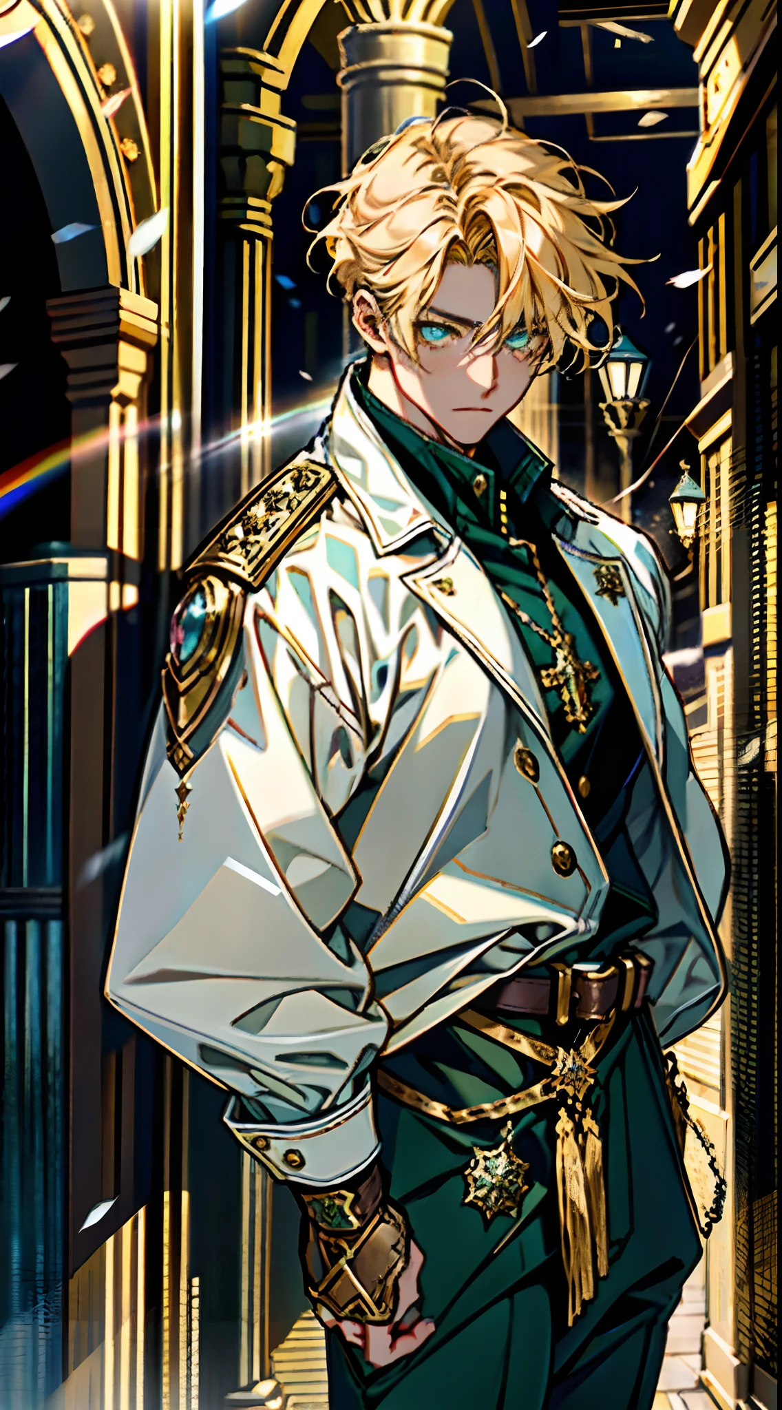 A middle-aged man with short golden hair, thick hair, a large cross scar on his face, has gentle eyes, a calm expression, a fantasy-style coat with leaf-shaped chest armor, the color scheme is mainly grass green, with earthy yellow as secondary colors, a belt around his waist, coarse cloth trousers, the background shows a medieval fantasy-style street with snowflakes falling, this character embodies a finely crafted fantasy-style soldier in anime style, characterized by an exquisite and mature manga illustration art style, high definition, best quality, highres, ultra-detailed, ultra-fine painting, extremely delicate, professional, anatomically correct, symmetrical face, extremely detailed eyes and face, high quality eyes, creativity, RAW photo, UHD, 8k, Natural light, cinematic lighting, masterpiece:1.5