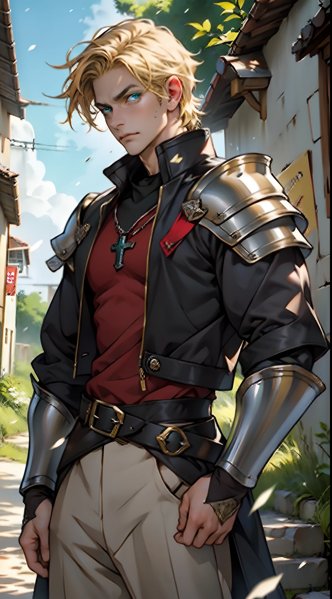 A middle-aged man with short golden hair, thick hair, a large cross scar on his face, has gentle eyes, a calm expression, a fantasy-style coat with leaf-shaped chest armor, the color scheme is mainly grass green, with earthy yellow as secondary colors, a belt around his waist, coarse cloth trousers, the background shows a medieval fantasy-style street with snowflakes falling, this character embodies a finely crafted fantasy-style soldier in anime style, characterized by an exquisite and mature manga illustration art style, high definition, best quality, highres, ultra-detailed, ultra-fine painting, extremely delicate, professional, anatomically correct, symmetrical face, extremely detailed eyes and face, high quality eyes, creativity, RAW photo, UHD, 8k, Natural light, cinematic lighting, masterpiece-anatomy-perfect, masterpiece:1.5
