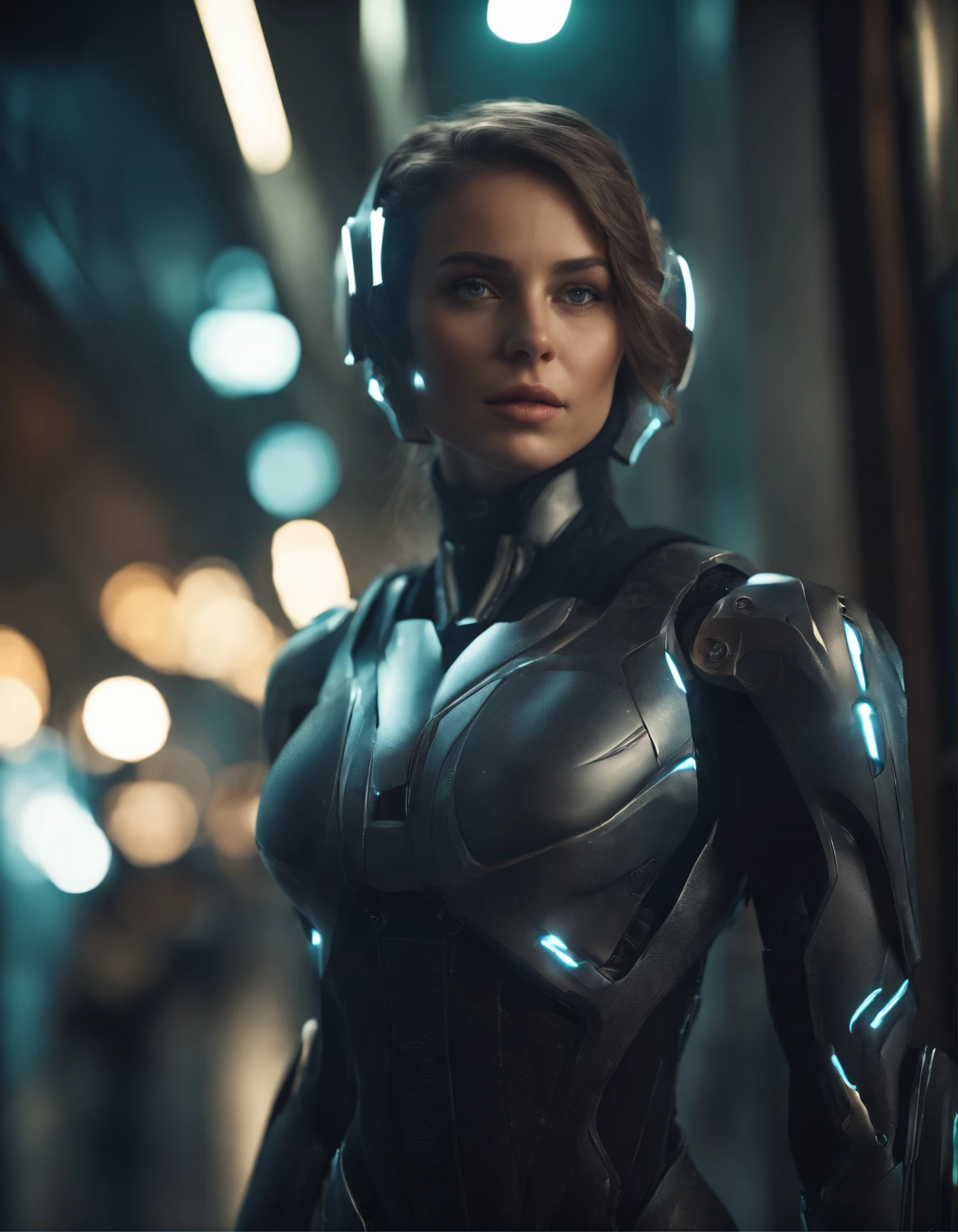 Woman, 21 years old,((best quality)), ((masterpiece)), (detailed), Midjourney Style, close-up, robot, concept art, inspired by alphonse mucha, digital art, Crysis Nanosuit, futuristic, (glowing elements:1.1), 4:3 aspect,upper body