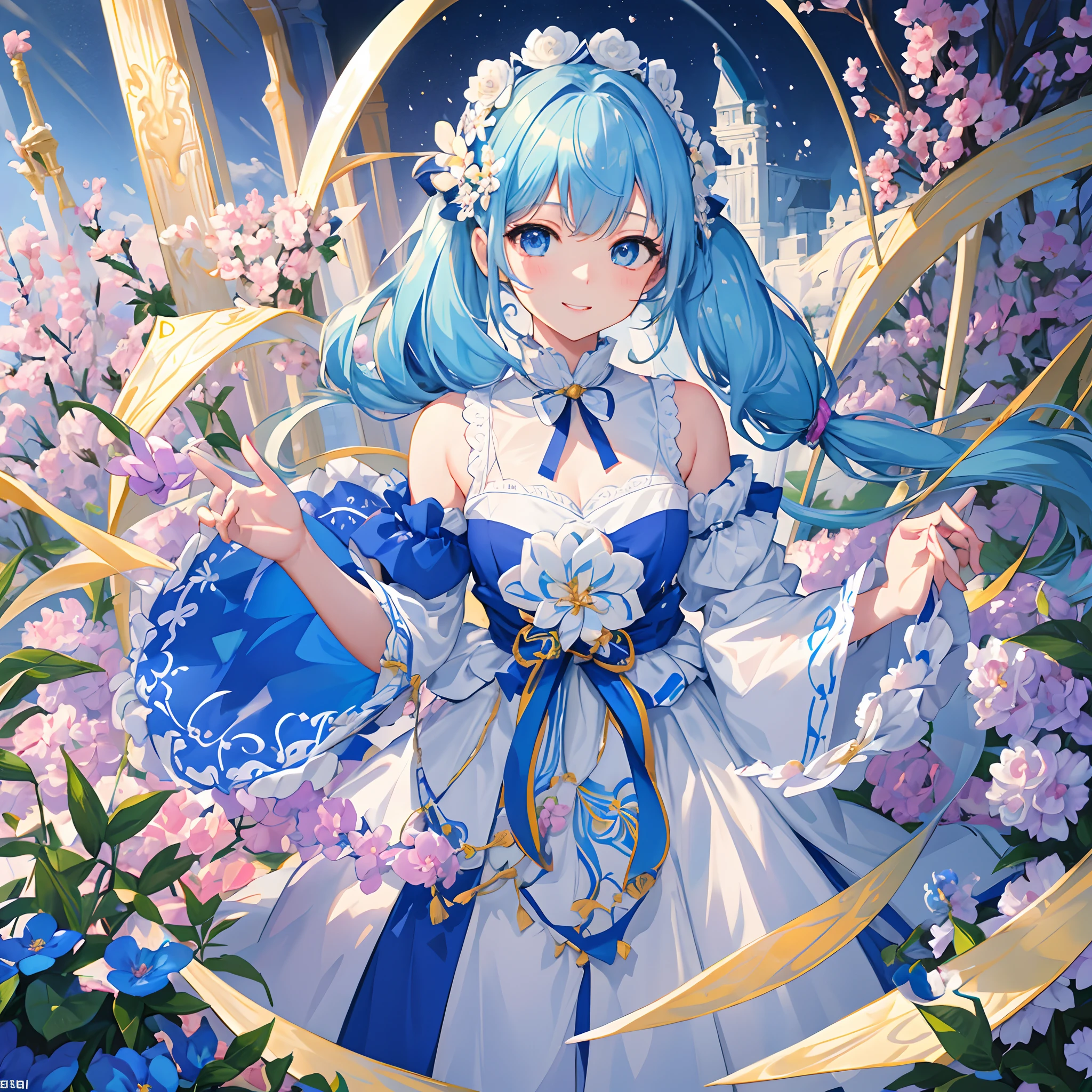 ​masterpiece:1.2、hightquality、top-quality、hight resolution、detaileds、A hyper-realistic、1girl in、long hair with light blue twin tails,,,,,,,,、Beautiful blue eyes、Standing in a flower garden、colorful outfit、blue-sky、full body Esbian、rainbows、Lovely smile、Cosmos flower、(A detailed face)、((foco nítido))、