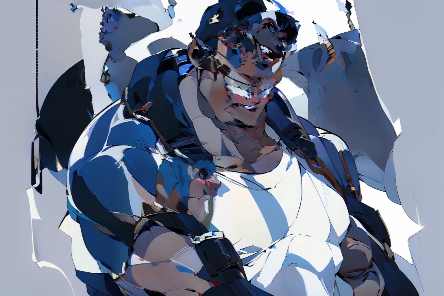 A very muscular white wolf wearing a mute navy-blue cap and black sunglasses and smiling, massive, hunk, BIG pecs, wearing a tight mute navy-blue shirt, leather harness.