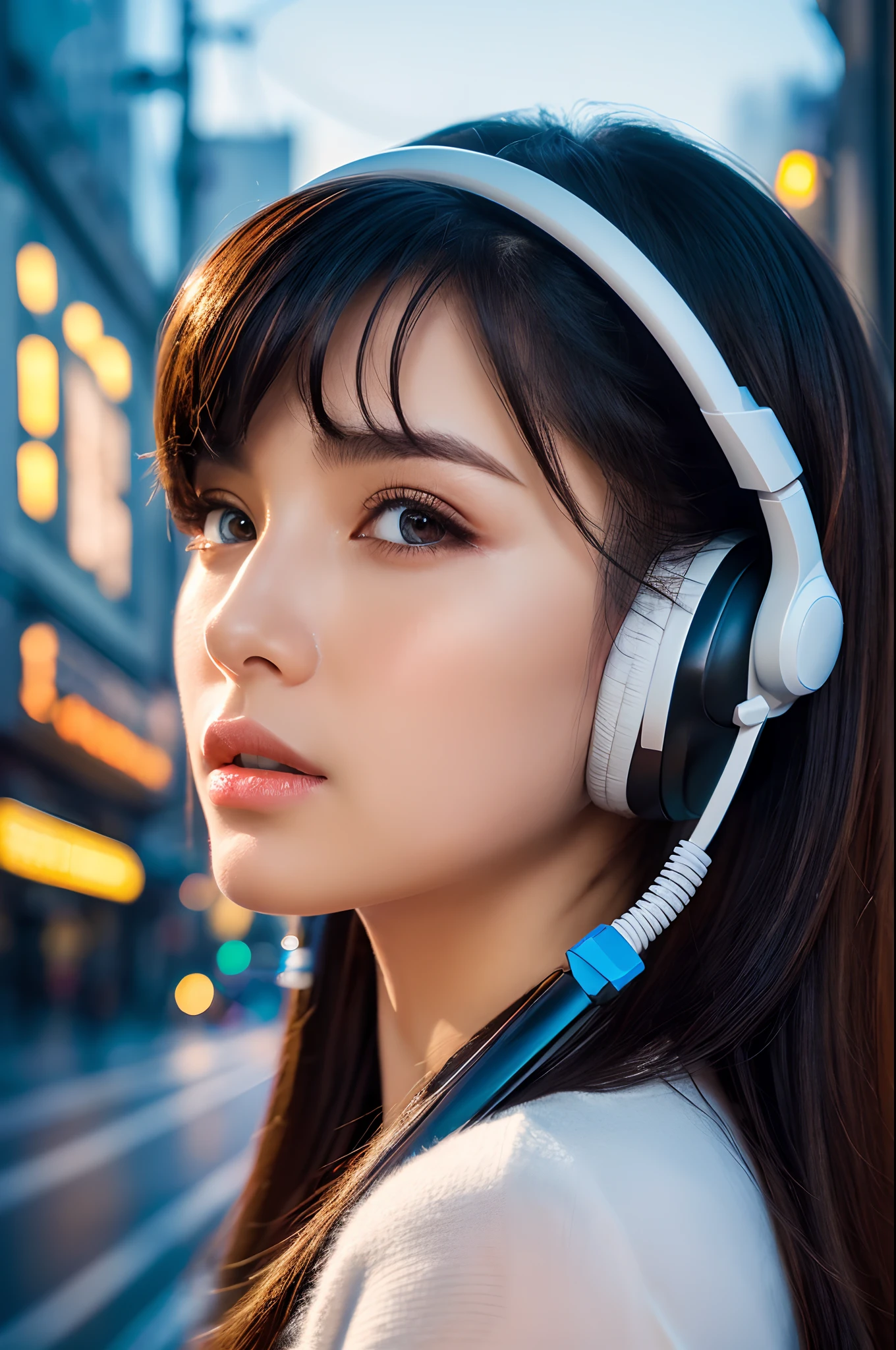 girl wearing headphones,anime,city background,intricate details,high contrast colors,poster background,art by Conrad Roset,art by Ilya Kuvshinov,beautiful detailed eyes,beautiful detailed lips,extremely detailed eyes and face,long eyelashes,(best quality,4k,8k,highres,masterpiece:1.2),ultra-detailed,(realistic,photorealistic,photo-realistic:1.37),HDR,UHD,studio lighting,ultra-fine painting,sharp focus,physically-based rendering,extreme detail description,professional,vivid colors,bokeh