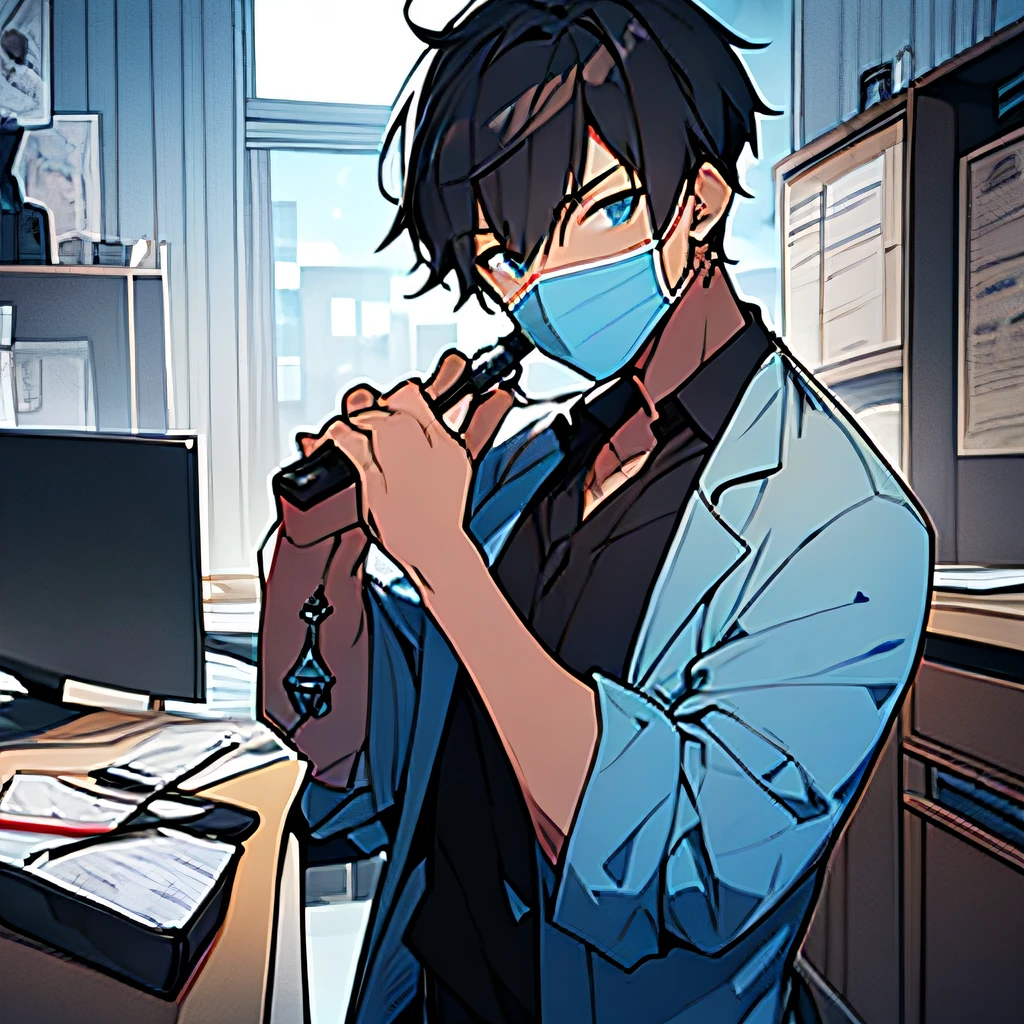 of a guy,with short black hair,the doctor,Wear a mask,blue surcoat,Holding a needle in his hand,Frontal display,medical instruments,Pet hospital