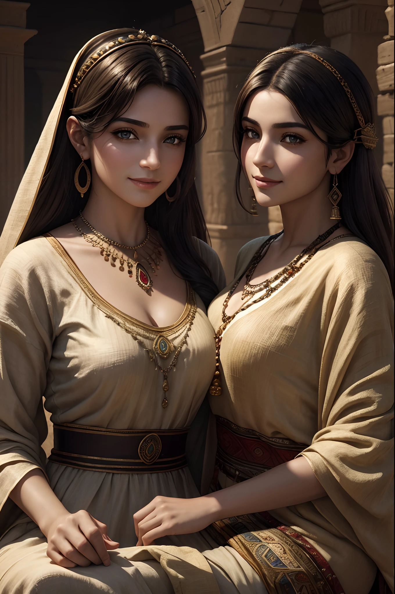 high quality, ultra-realistic, closeup portrait of two Beautiful women of ancient Mesopotamia, leering:1.4,dynamic pose,ancient Mesopotamian civilization, Babylonia, Uruk, tunics of various lengths, linen garments, agate necklaces,translucent paisley clothing, Kaunakes, bronze ware, a little smile, high adobe walls, luminism, 3d render, octane render, cinematic, Isometric, awesome full color, 8K Ultra HD, by yukisakura, high detailed,