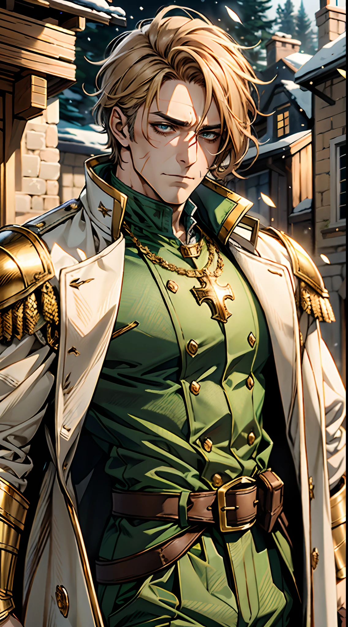 A middle-aged man with short golden hair, thick hair, a large cross scar on his face, has gentle eyes, a calm expression, a fantasy-style coat with leaf-shaped chest armor, the color scheme is mainly grass green, with earthy yellow as secondary colors, a belt around his waist, coarse cloth trousers, the background shows a medieval fantasy-style street with snowflakes falling, this character embodies a finely crafted fantasy-style soldier in anime style, characterized by an exquisite and mature manga illustration art style, high definition, best quality, highres, ultra-detailed, ultra-fine painting, extremely delicate, professional, anatomically correct, symmetrical face, extremely detailed eyes and face, high quality eyes, creativity, RAW photo, UHD, 8k, Natural light, cinematic lighting, masterpiece-anatomy-perfect, masterpiece:1.5