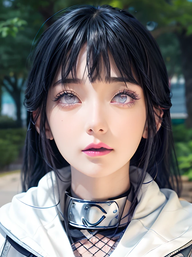 a close up of a person with long hair and a hoodie, hinata hyuga, hinata hyuga from naruto, from naruto, as an anime character, perfect anime face, she has dark blue hair with bangs, female anime character, anime character, anime best girl, hime cut hairstyle, dark blue hair, (red glossy lips:1.3), light purple eyes, big breasts, realistic, ultra detail
