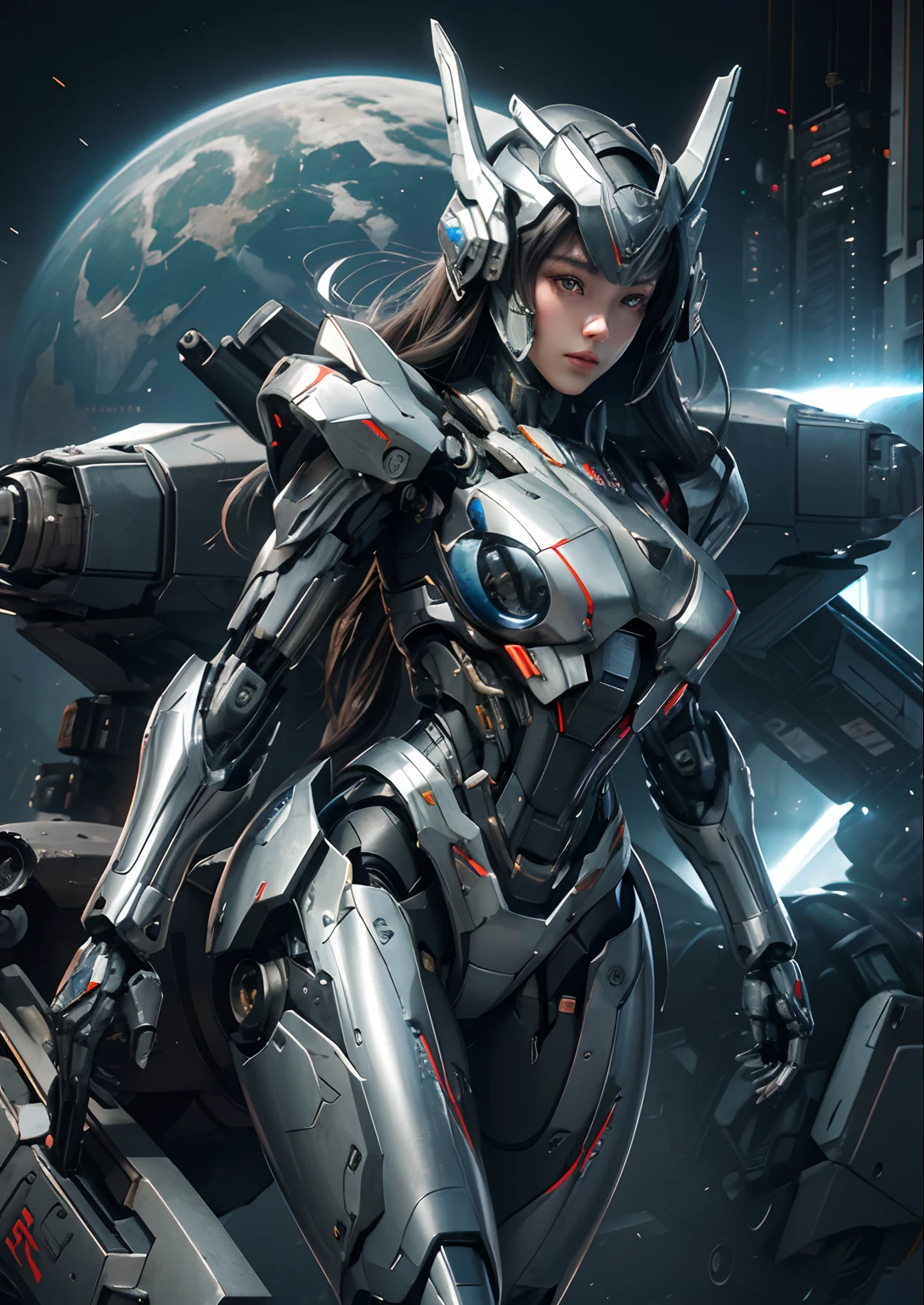 Textured skin, Super Detail, high details, High quality, Best Quality, hight resolution, 1080p, hard disk, Beautiful,(War Machine),(head gear),(full bodyesbian),beautiful cyborg woman,Mecha Cyborg Girl,Battle Mode,Girl with a Mecha Body,She wears a futuristic war machine weapon mech,Fulll body Shot