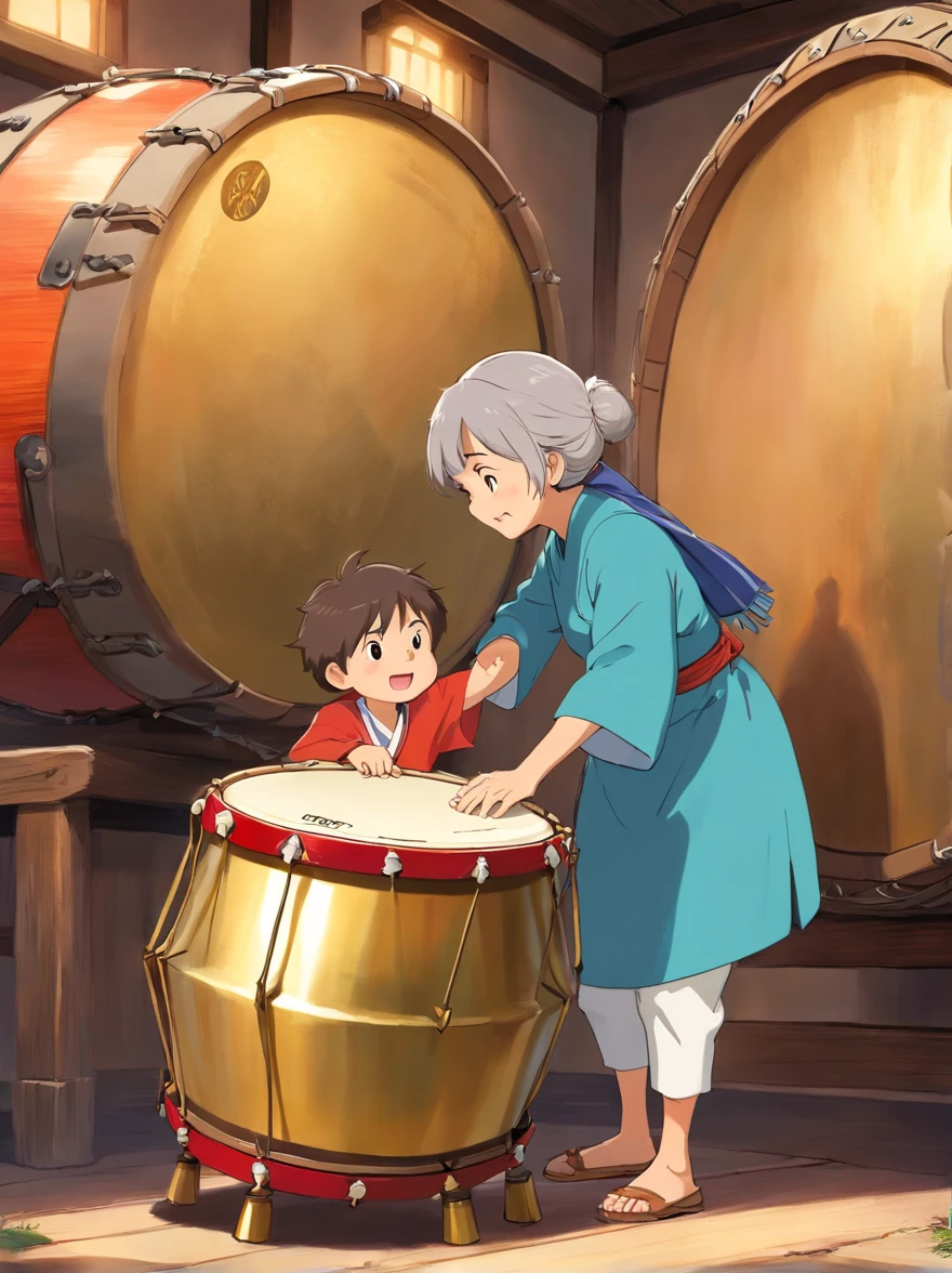 The little boy met a gentle and kind Zhuang grandmother,Ask her about the importance of beating the brass drum。