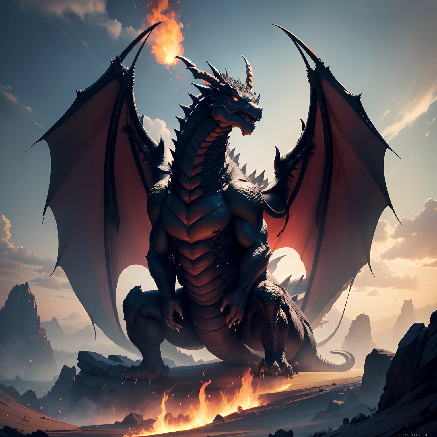 Giant dragon,Black Dragon,The dragon,myth,masterpiece,The Monster,超A high resolution,Fantasy world,in isekai,8K,fiction,Blowing fire