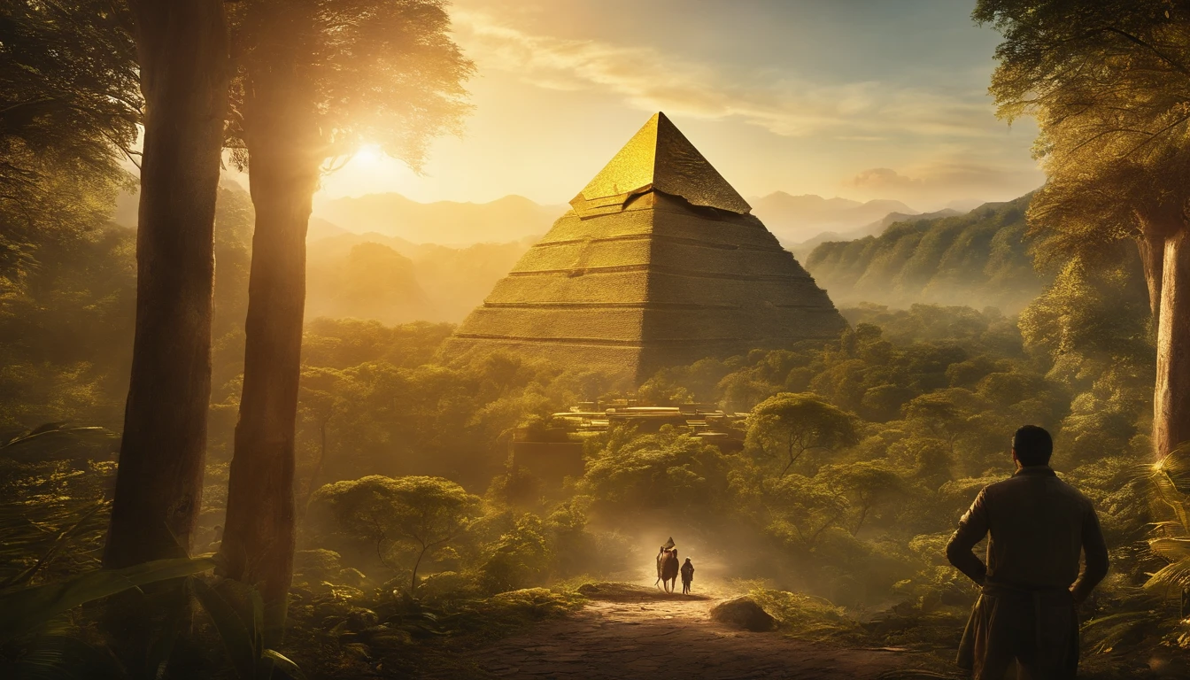golden, Dense forest trees々The Lost City Visible Between, Closed forest tree shining in sunshine々A large gold pyramid seen from a distance from between, photos realistic, A man with a machete watches over the city、Continue to cut through the forest for the lost city.