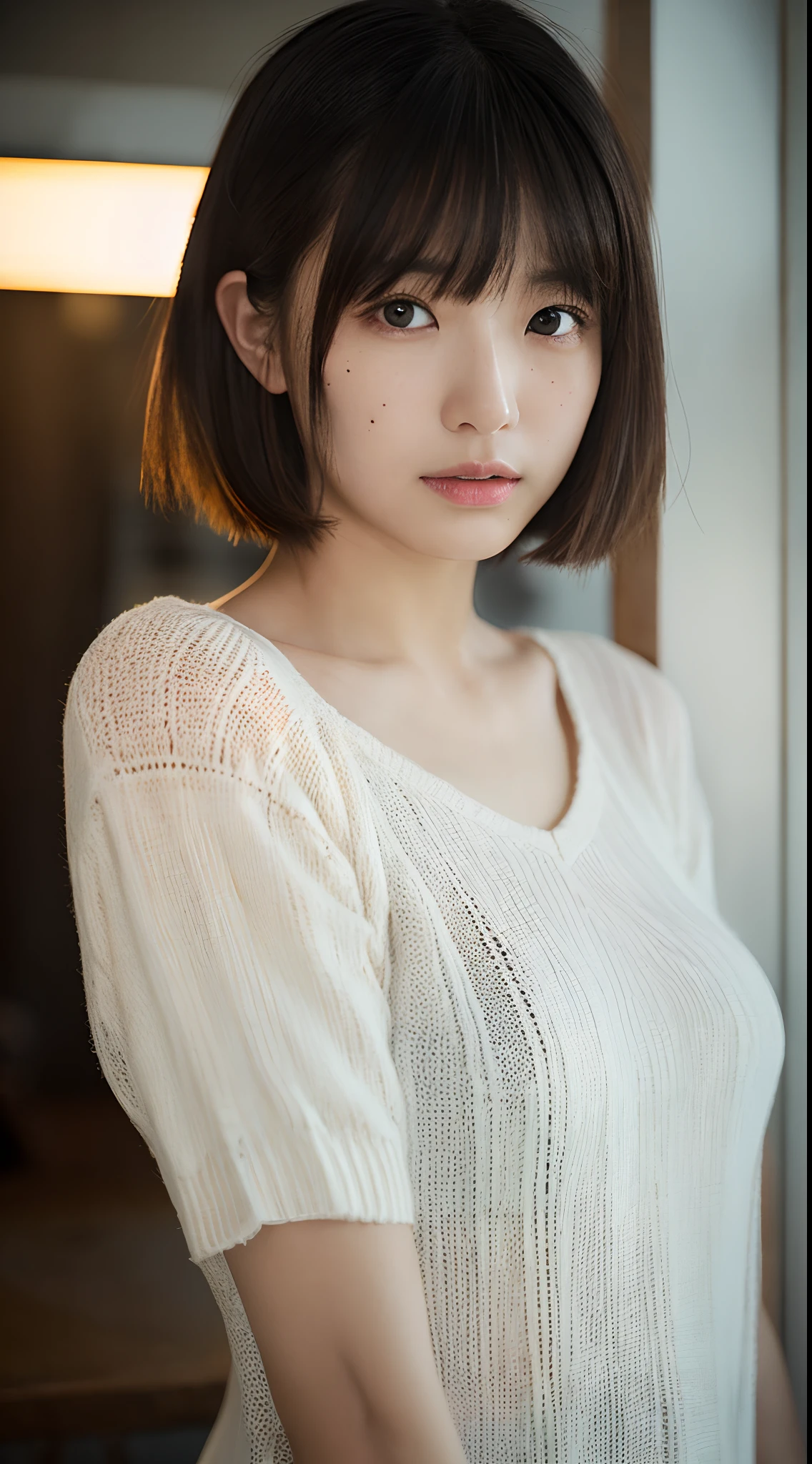 ((masterpiece:1.4、top-quality))、(photographrealistic:1.4)、profetional lighting、physically-based renderingt,Cowboy Shot,Short hair、layers-Cut、A dark-haired、extra detailed face、Detailed skin、mole:0.3、(Women in Japan:1.05)、age 30s、thin bunches of bangs、knit、White Room、white walls、Bright lighting