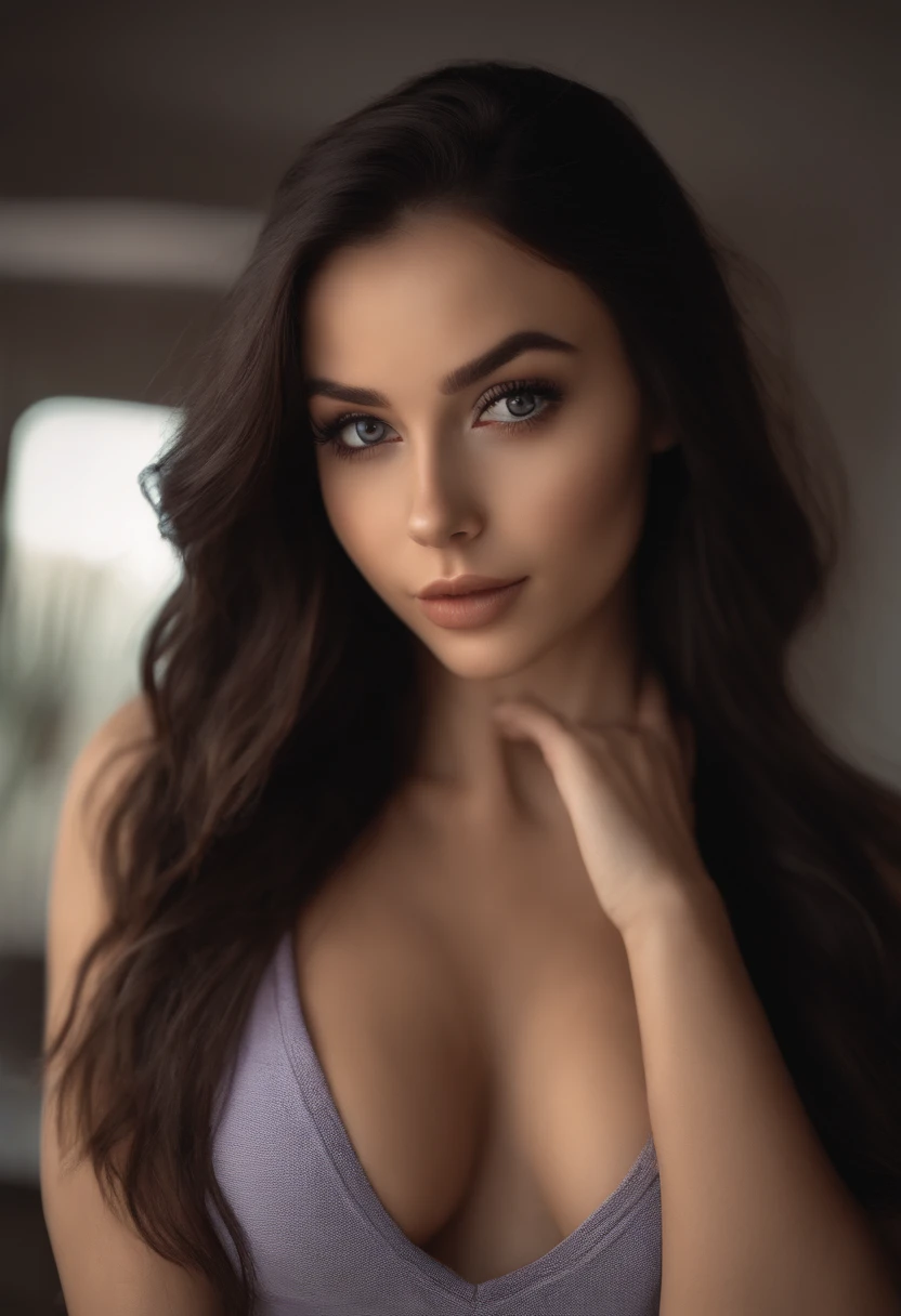 ultrarealistic arafed woman with black sexy atractive clothes, sexy girl with brown eyes, portrait sophie mudd, black hair and large eyes, selfie of a young woman, bedroom eyes, violet myers, without makeup, natural makeup, looking directly at the camera, face with artgram, subtle makeup, stunning full body shot, in a roof , cleavage, at the park