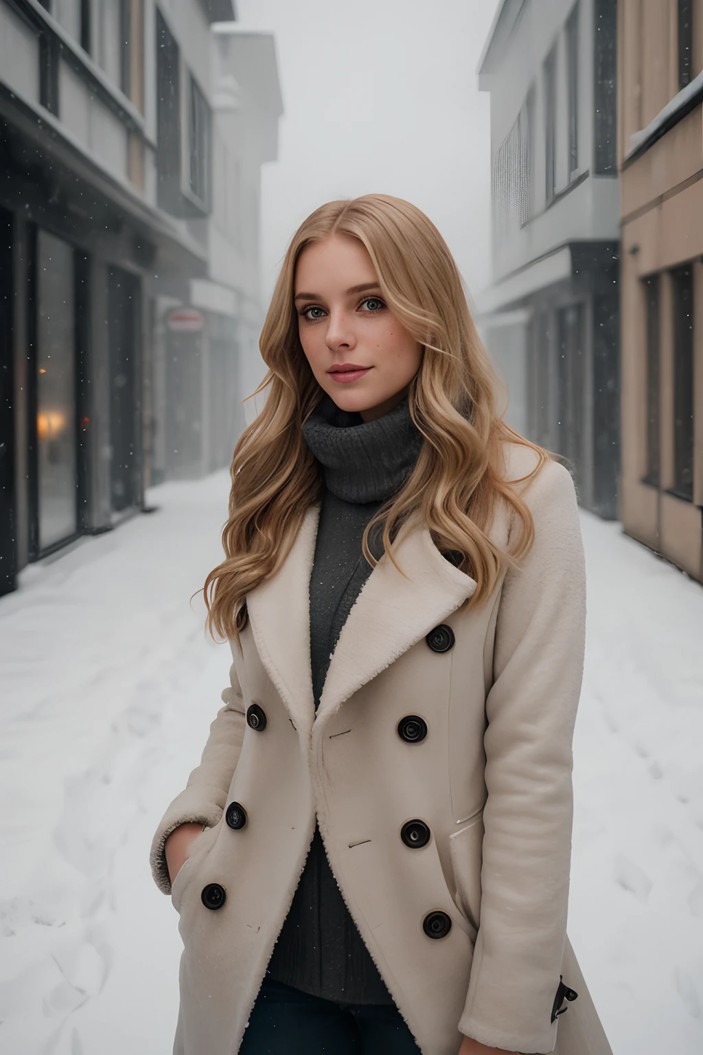 professional portrait photograph of a gorgeous Norwegian girl in winter clothing with long wavy blonde hair, sultry flirty look, (freckles), gorgeous symmetrical face, cute natural makeup, wearing elegant warm winter fashion clothing, ((standing outside in snowy city street)), stunning modern urban environment, ultra realistic, concept art, elegant, highly detailed, intricate, sharp focus, depth of field, f/1. 8, 85mm, medium shot, mid shot, (((professionally color graded))), bright soft diffused light, (volumetric fog), trending on instagram, hdr 4k, 8k