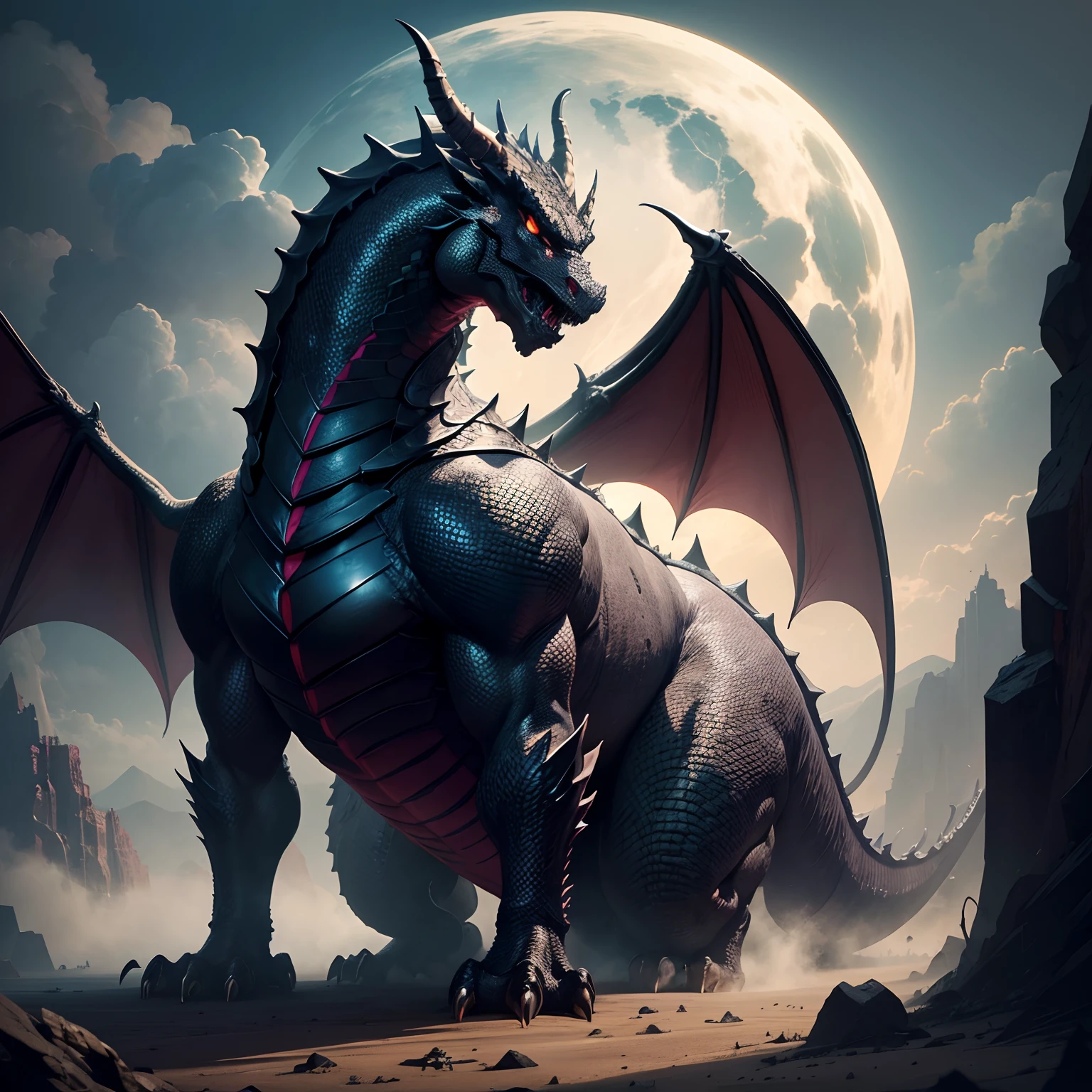 (best quality,8k,masterpiece:1.2),massive black dragon,godlike dragon,mythical creature,ultra-high resolution,fantasy world,alternate universe,[fiction],monster
