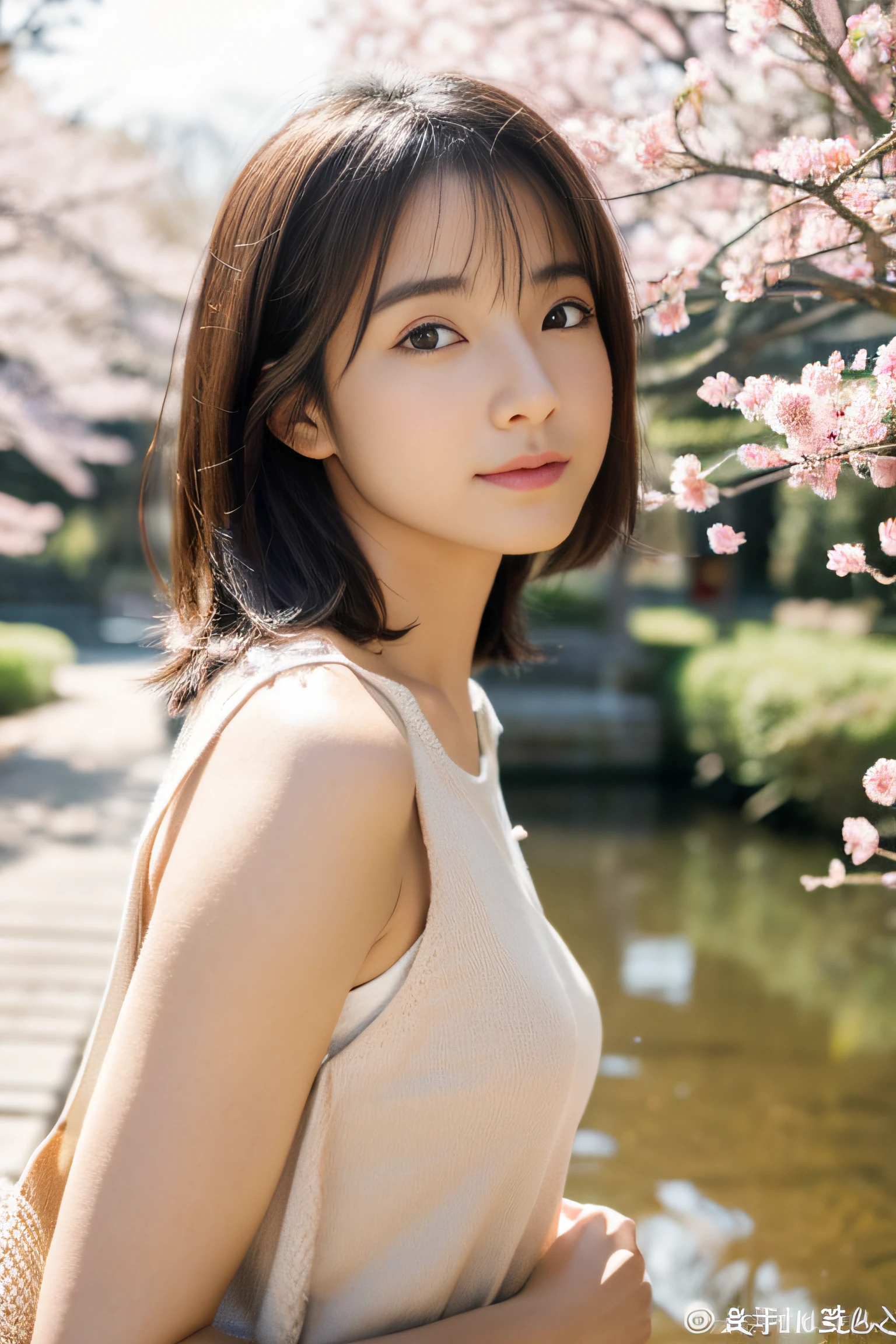 (masterpiece:1.3、high-level image quality、hightquality)、(Beautiful realistic Japan person:1.3),(perfect anatomia、Beautiful perfect limbs、Beautiful skin、Healthy body),(Japanese actressl:1.3、cute little:1.3)、A dark-haired、bobhair、21years old、Beautiful appearance、Engaging pose、Signs of spring、Gravure photography、professional photograpy、blows wind、The murmur of the creek、serene landscape、Tender love、