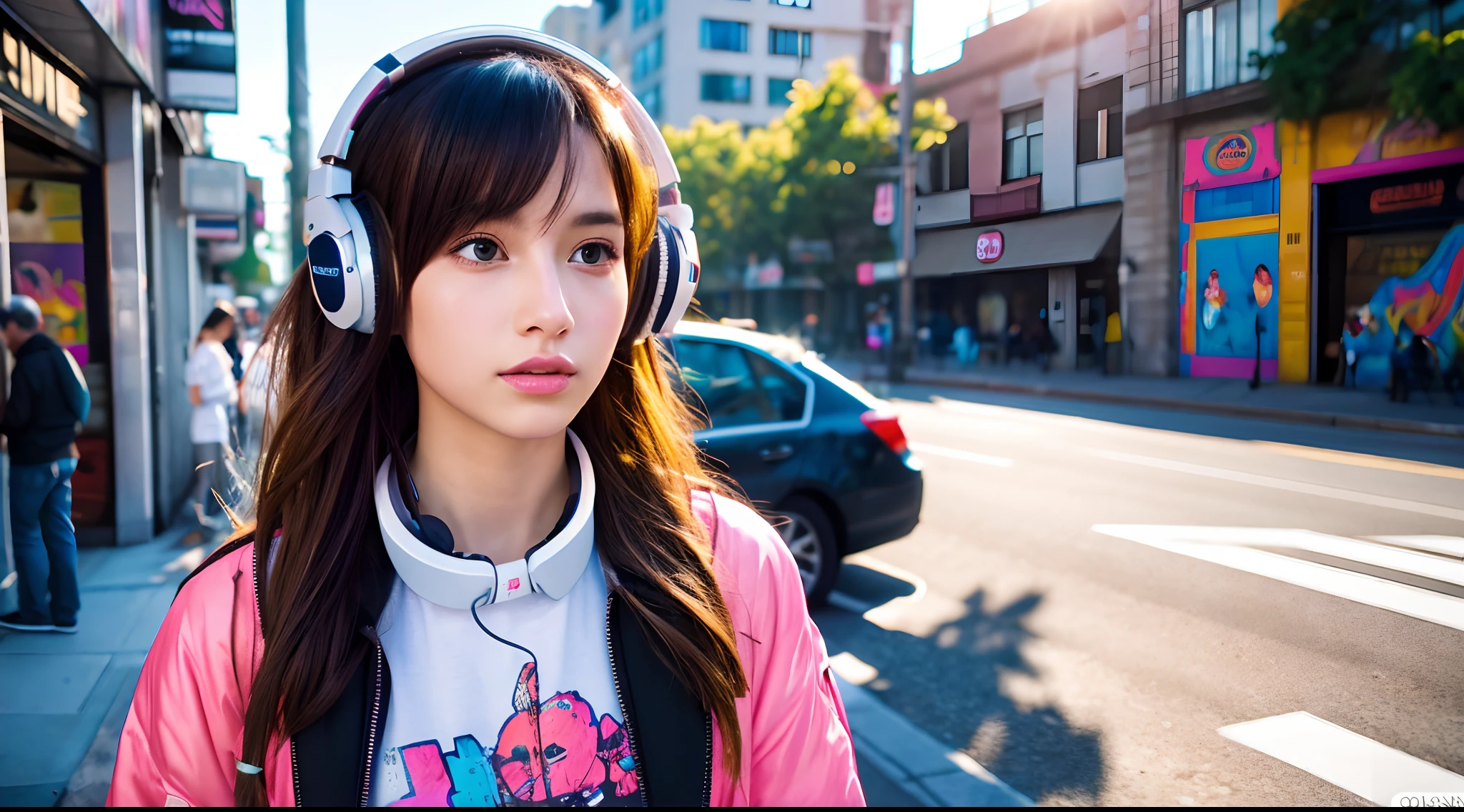 girl wearing headphones,anime,masterpiece:1.2,portraits,(best quality,4k,8k,highres),HDR,UHD,ultra-detailed,realistic,
city background,photorealistic:1.37,vivid colors,sharp focus,physically-based rendering,professional,
very detailed eyes,beautiful lips,music lover,long hair,trendy outfit,cool pose,street graffiti,poster background,
art by conrad roset and ilya kuvshinov