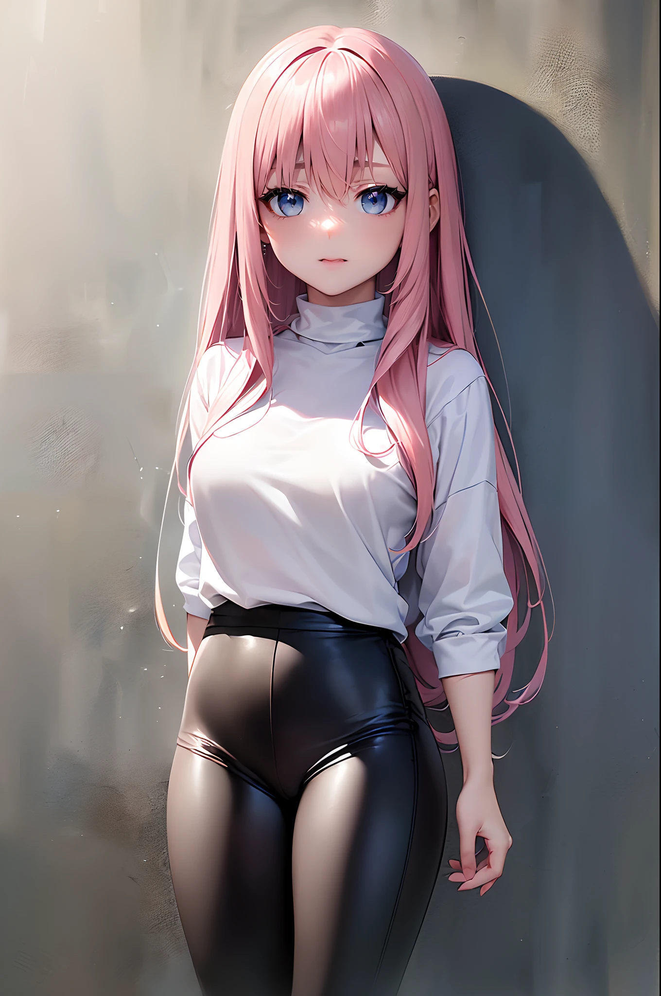 (4K works))、masterpiece、(top-quality)、In front of the wall、Korean female、hi-school girl、((High school girl 18 years old))、((Face similar to Hyun Jin))、cool lady、tall、((Gentle look))、((Sleepy face))、((Strong eyes))、((Wearing a white T-shirt and a black hooded jacket、Wearing long black pants))、((Wear a black mask))、((smaller face))、Slim body、((How to stand selling fights))、((Cheeky way of standing))、((Bad girl))、((light pink long-haired))、((Light blue eyes))、((shot from front))、((Looking down on the viewer))、((rearing))、((Shot alone))、((Solo Photography))