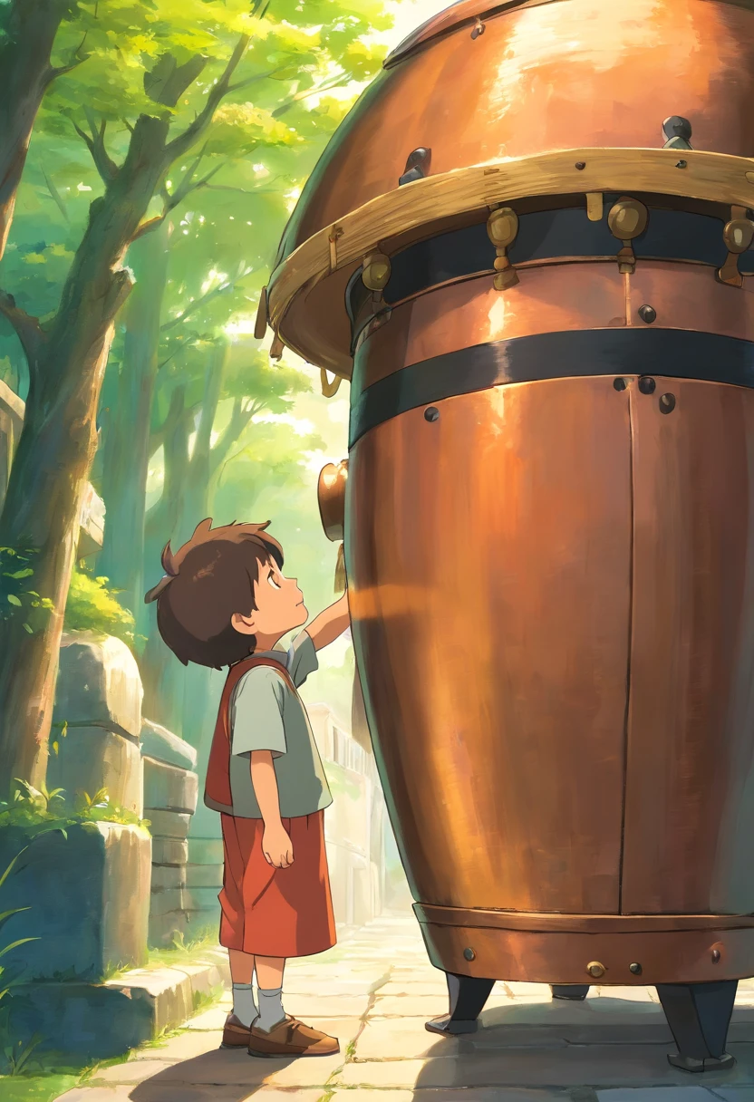 The little boy talks to the grandmother face to face,The grandmother's hand stroked the elderly copper drum。