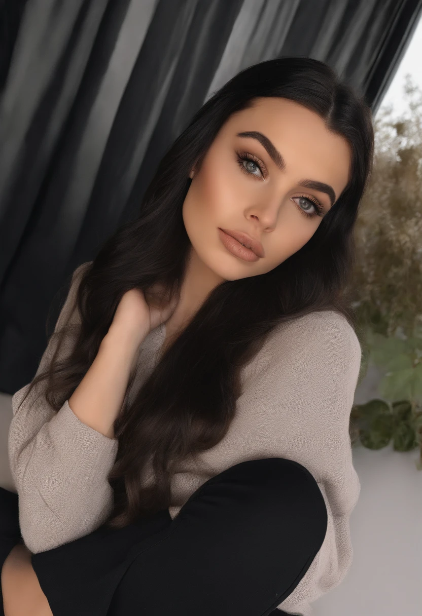 ultrarealistic arafed woman with black atractive clothes, sexy girl with brown eyes, portrait sophie mudd, black hair and large eyes, selfie of a young woman, bedroom eyes, kylie Jenner , without makeup, natural makeup, looking directly at the camera, face with artgram, subtle makeup, stunning full body shot, in a roof , cleavage, at the park