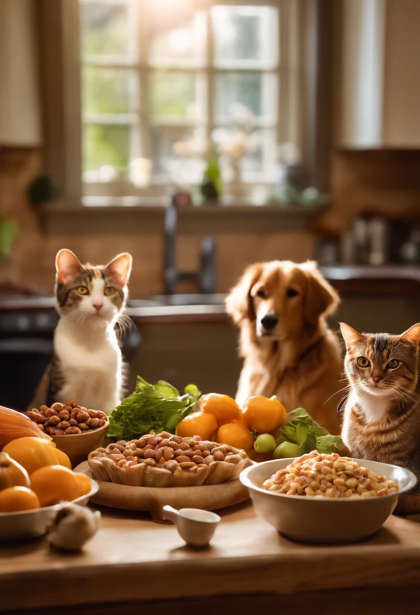Two cats and two dogs looking at the camera surrounded by healthy foods on a kitchen table. They look at the camera tenderly. Photographic photography, backlight, 35 mm lens, panoramic composition, best image quality, real colors.