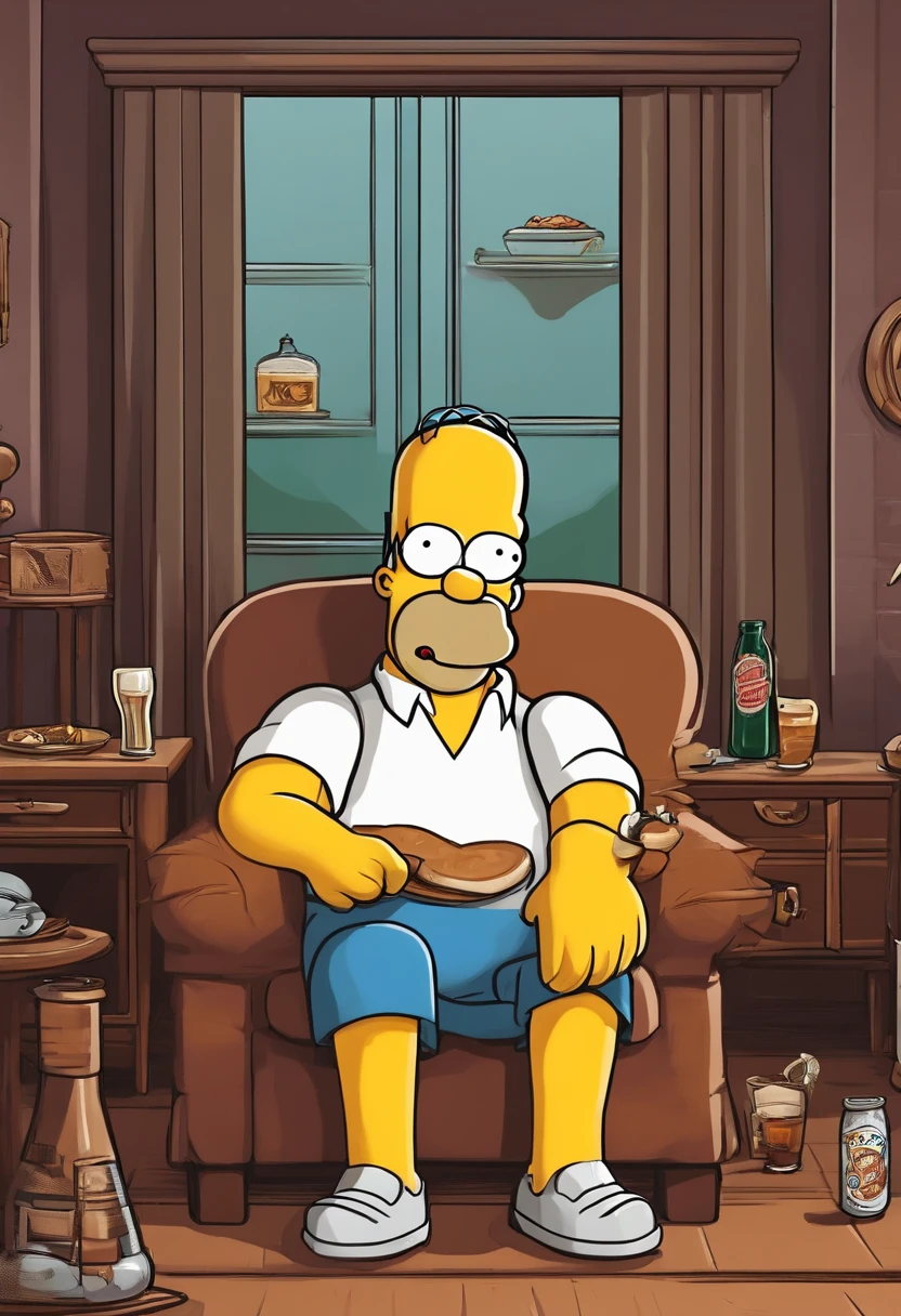 (estilo Simpson) Moe Szyslak sitting on an old couch, In a semi-dark room lit only by the light of the TV in front of Moe, On the floor of the room there are condoms lying on the floor, Moe Szyslak esta en calzones, con una barriga cervecera, con todo su cuerpo velluda, bebiendo cerveza que se derrama por su cuerpo, con un bulto grande entre sus piernas de su pene
