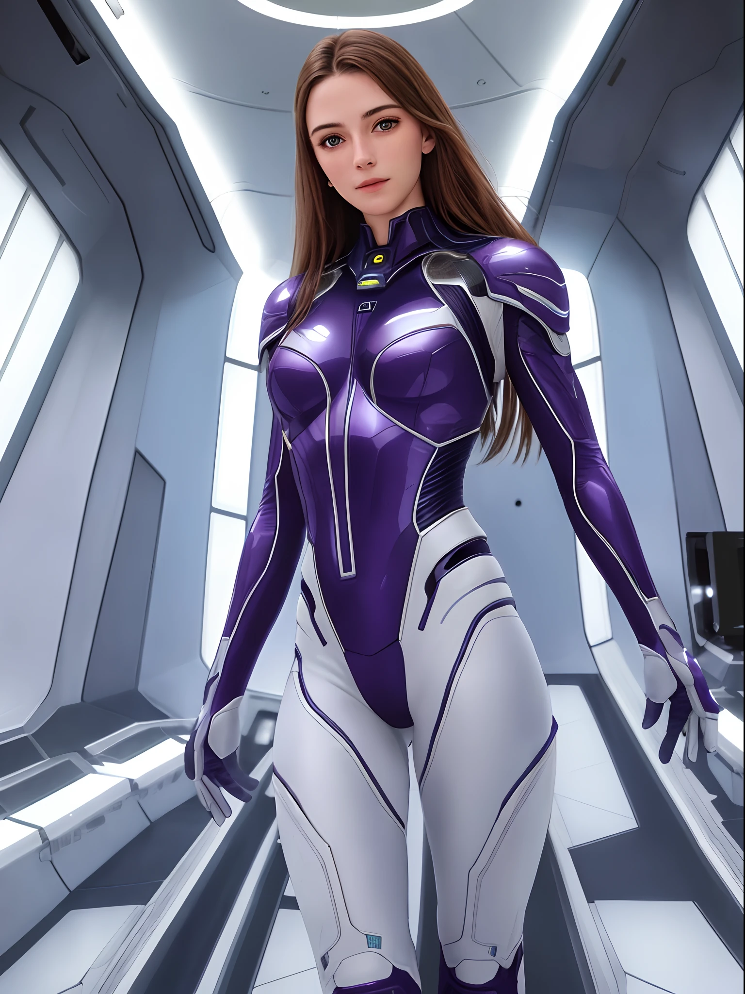 Realistic, photorealistic, RAW photo, ultra detailed, beautiful 19 years old woman, Woman in deep purple uniform, captain, looking to camera, little smile, hi-tech interior, glass and white plastic interior, future world, sci-fi aesthetic, spaceport, space ship in sky, big windows, big hall, future lanscape, beautiful detailed face, cute face and eyes, dinamic pose, perfect anatomy, Slim physique, professional photoshoot, cinematic light, Centered image, dinamic, in motion, approaching perfection, canon 6d, fine facial traits, (depth of field), film grain, Kodak Portra 400, cinematic composition