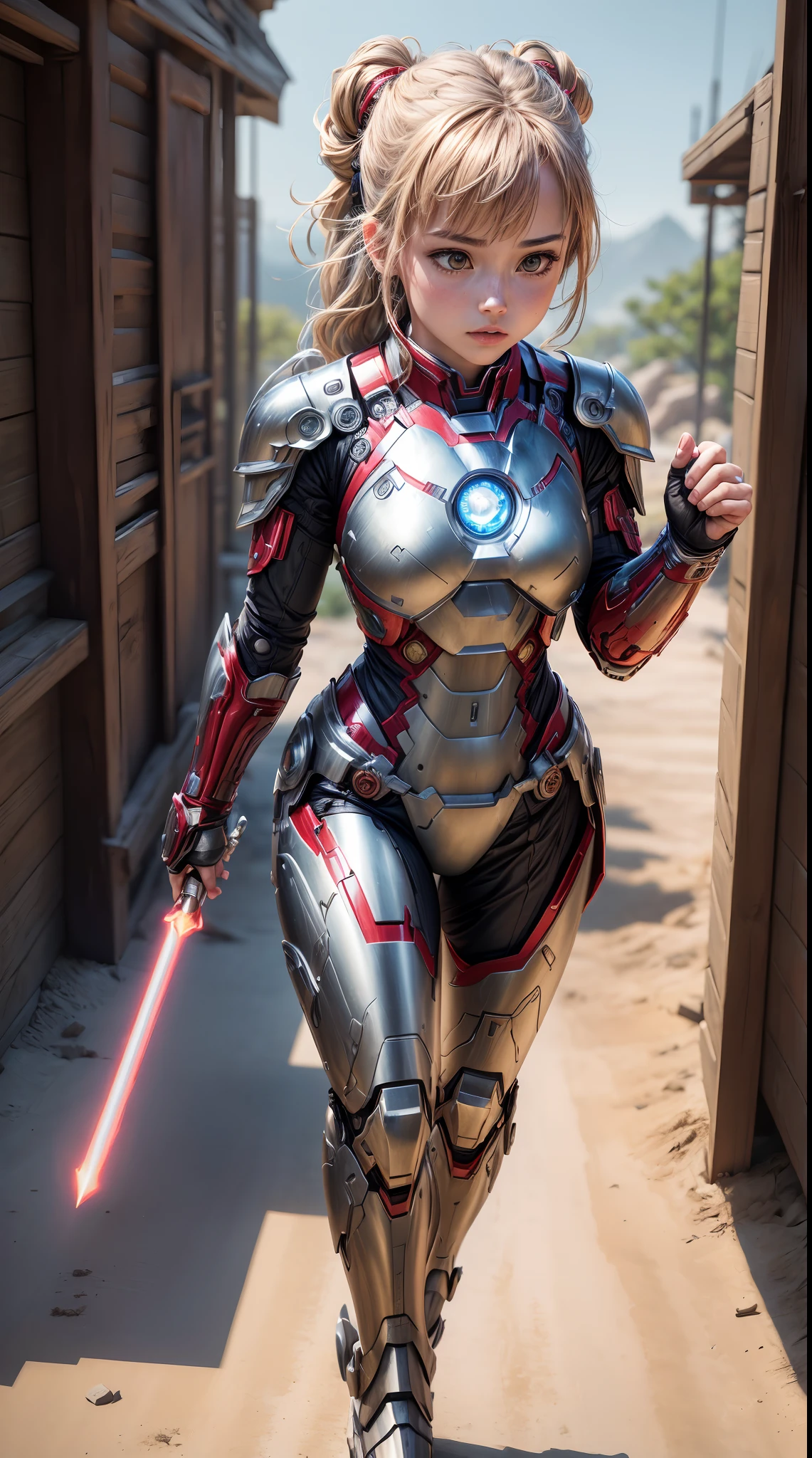 Jedi Girl Iron Man MK2 type armor，In fantasy scenarios。(Best quality,4K,8K,A high resolution,Masterpiece:1.2),Ultra-detailed,(Realistic,Photorealistic,photo-realistic:1.37)