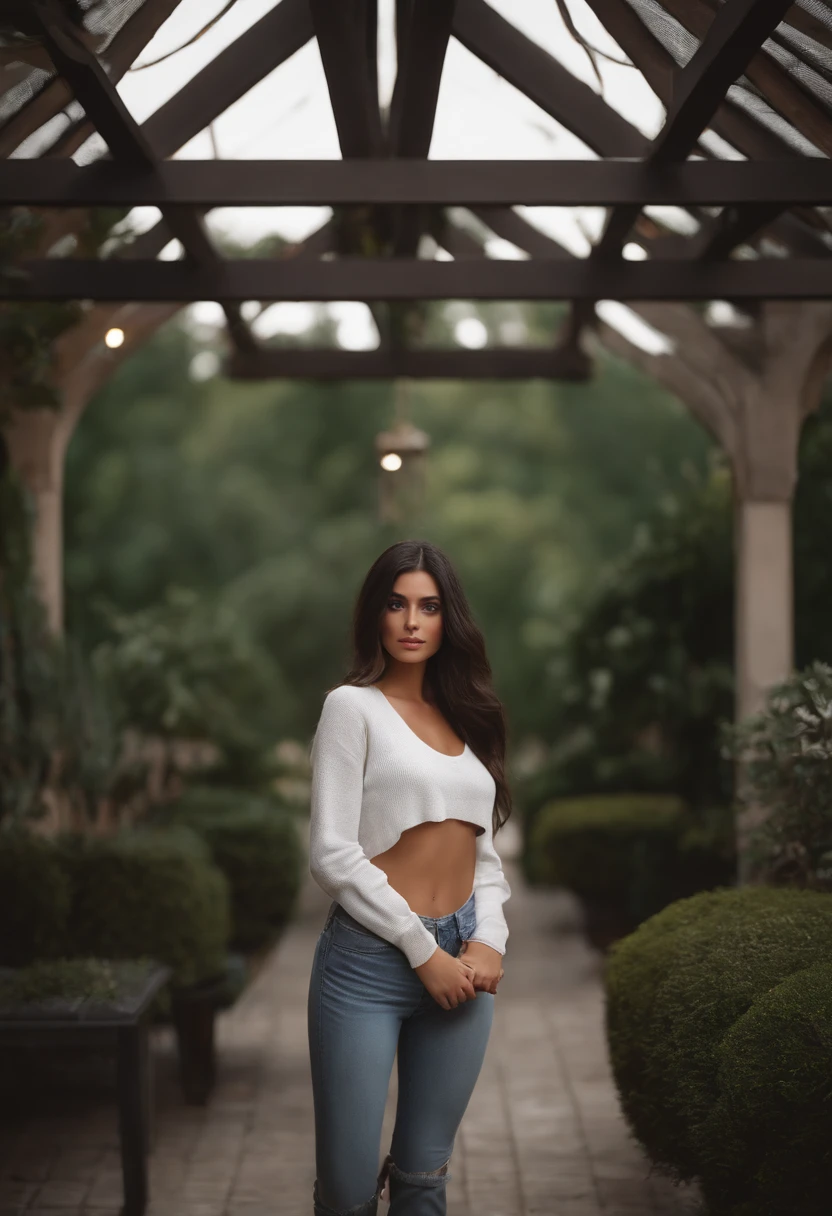 ultrarealistic arafed woman with  attractive clothes, sexy girl with brown eyes, portrait Sophie mud, black hair and large eyes, image of a young woman, bedroom eyes, kylie Jenner , without makeup, natural makeup, looking directly at the camera, face with artgram, subtle makeup, stunning full body shot, in a roof , cleavage, at the park